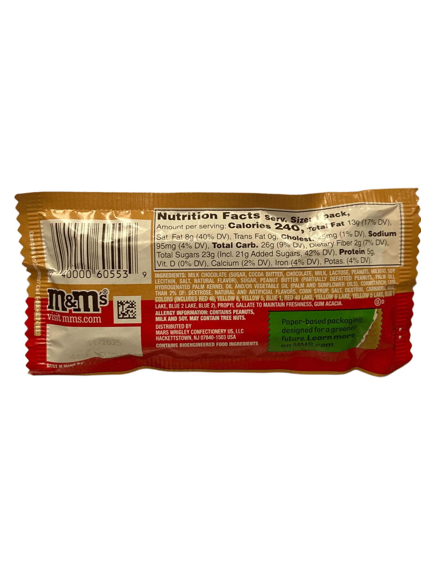 Back of M&M's peanut chocolate candy pack showing nutrition facts and ingredients