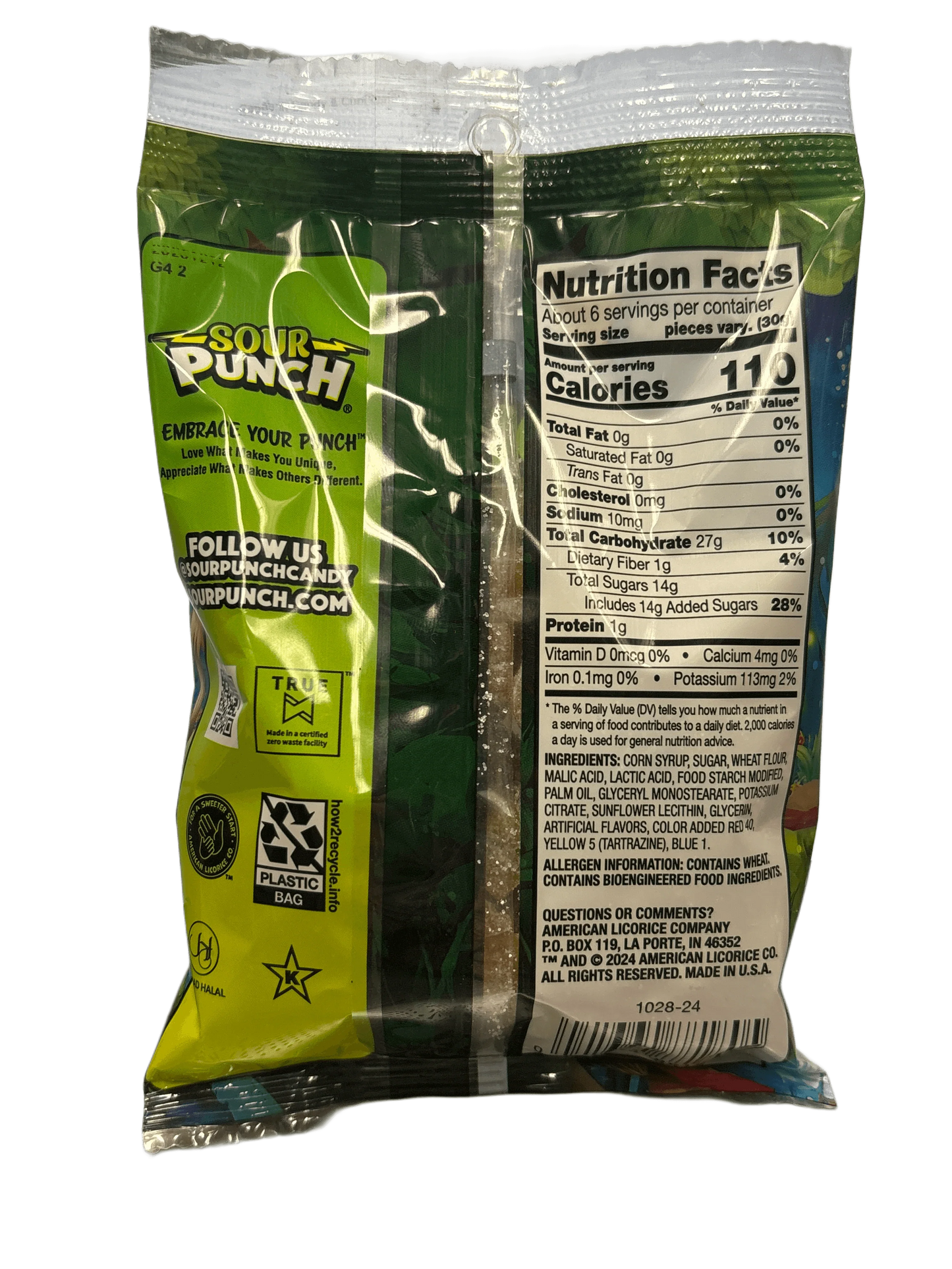 Back of Sour Punch candy bag showing nutrition facts, ingredients, and product details