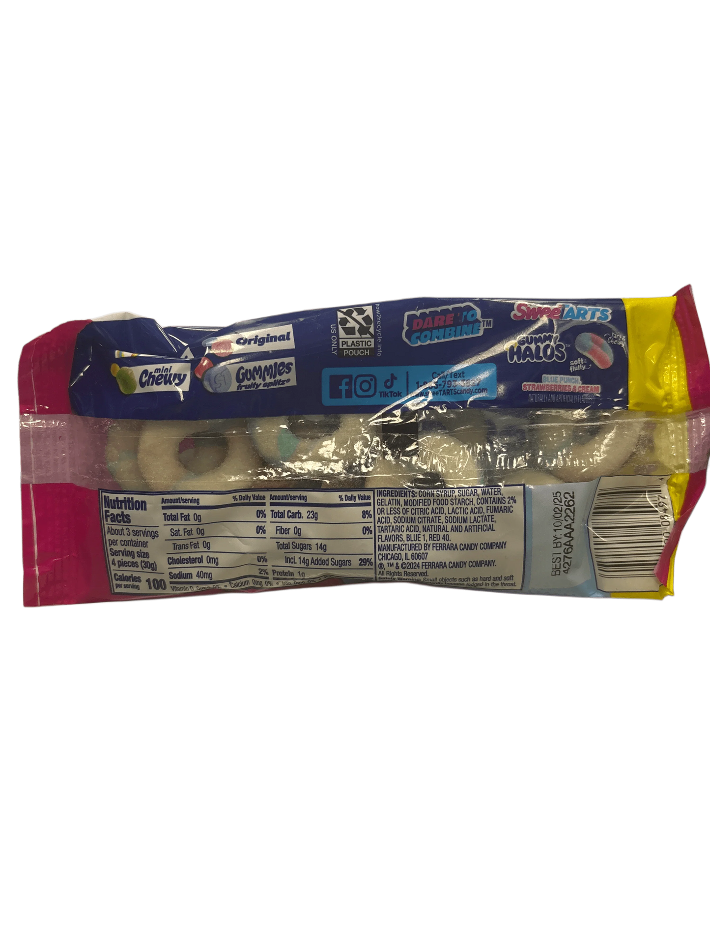 Back of SweeTARTS gummies candy bag showing nutrition facts, ingredients, and branding.