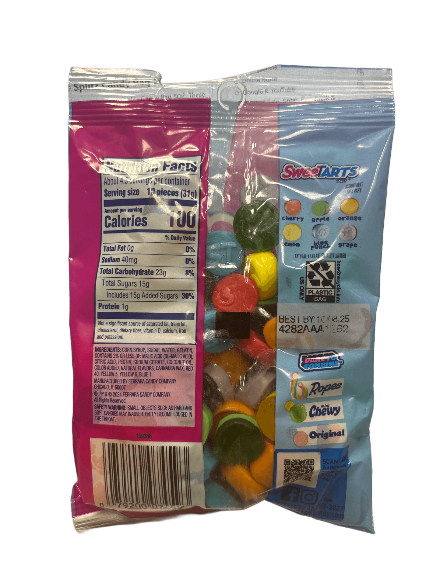 Back of SweetTarts chewy candy bag with nutrition facts and colorful candies visible inside