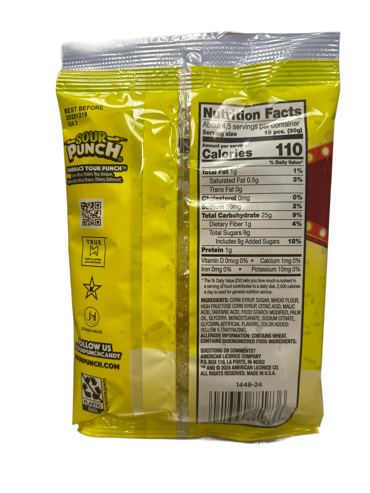 Back of Sour Punch candy package showing nutrition facts and ingredients on yellow background