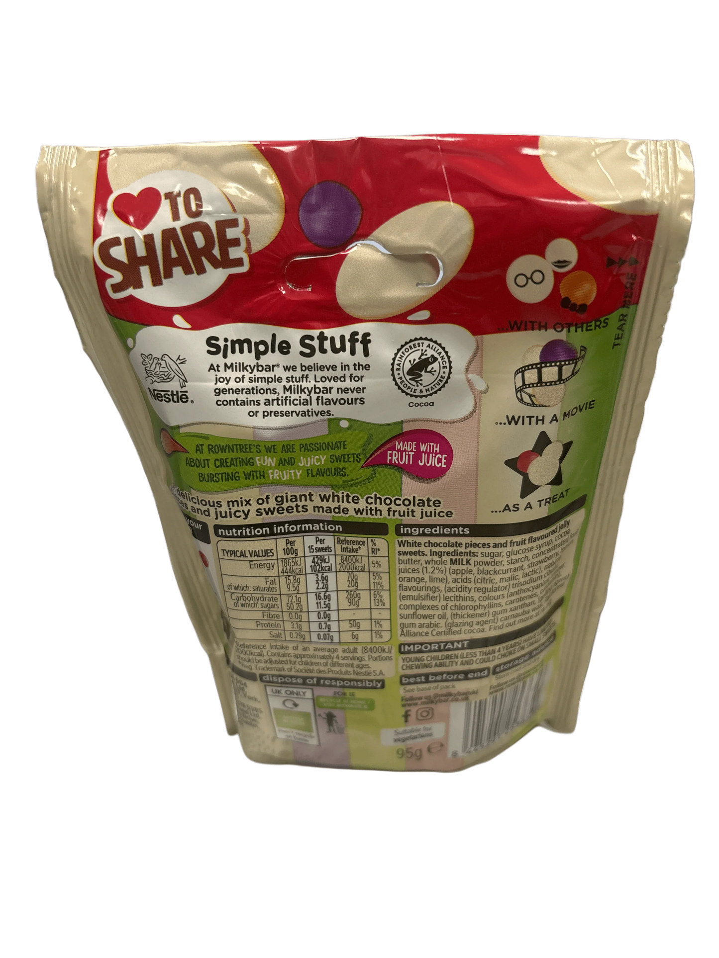Back of Milkybar white chocolate candies and fruit sweets packet, showing ingredients and nutrition info