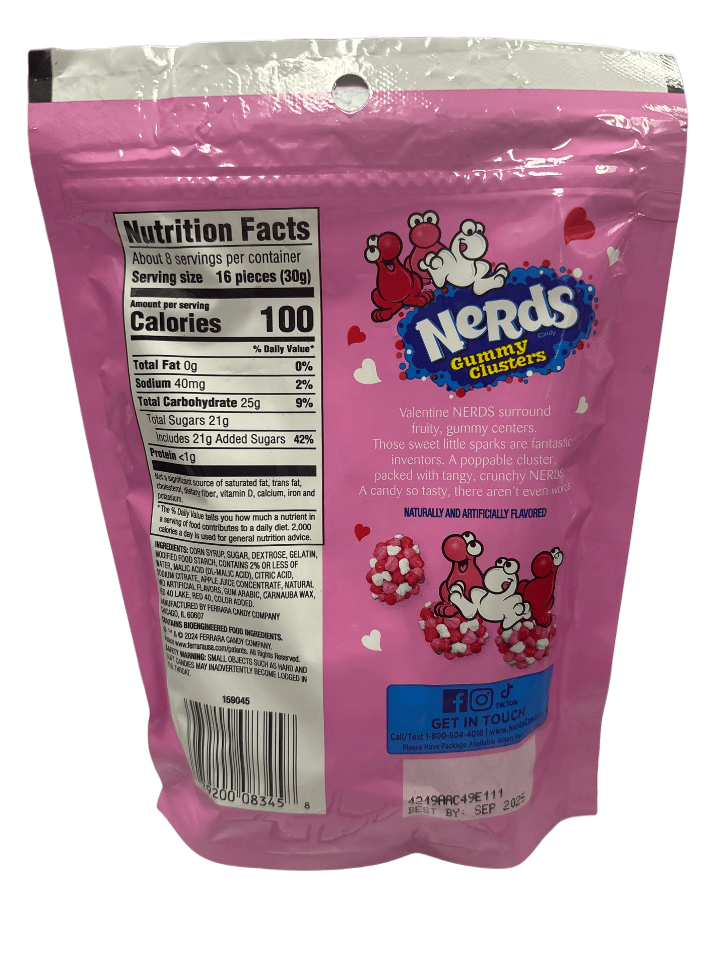 Back of Nerds Gummy Clusters candy bag with nutrition facts, pink packaging, and cartoon graphics