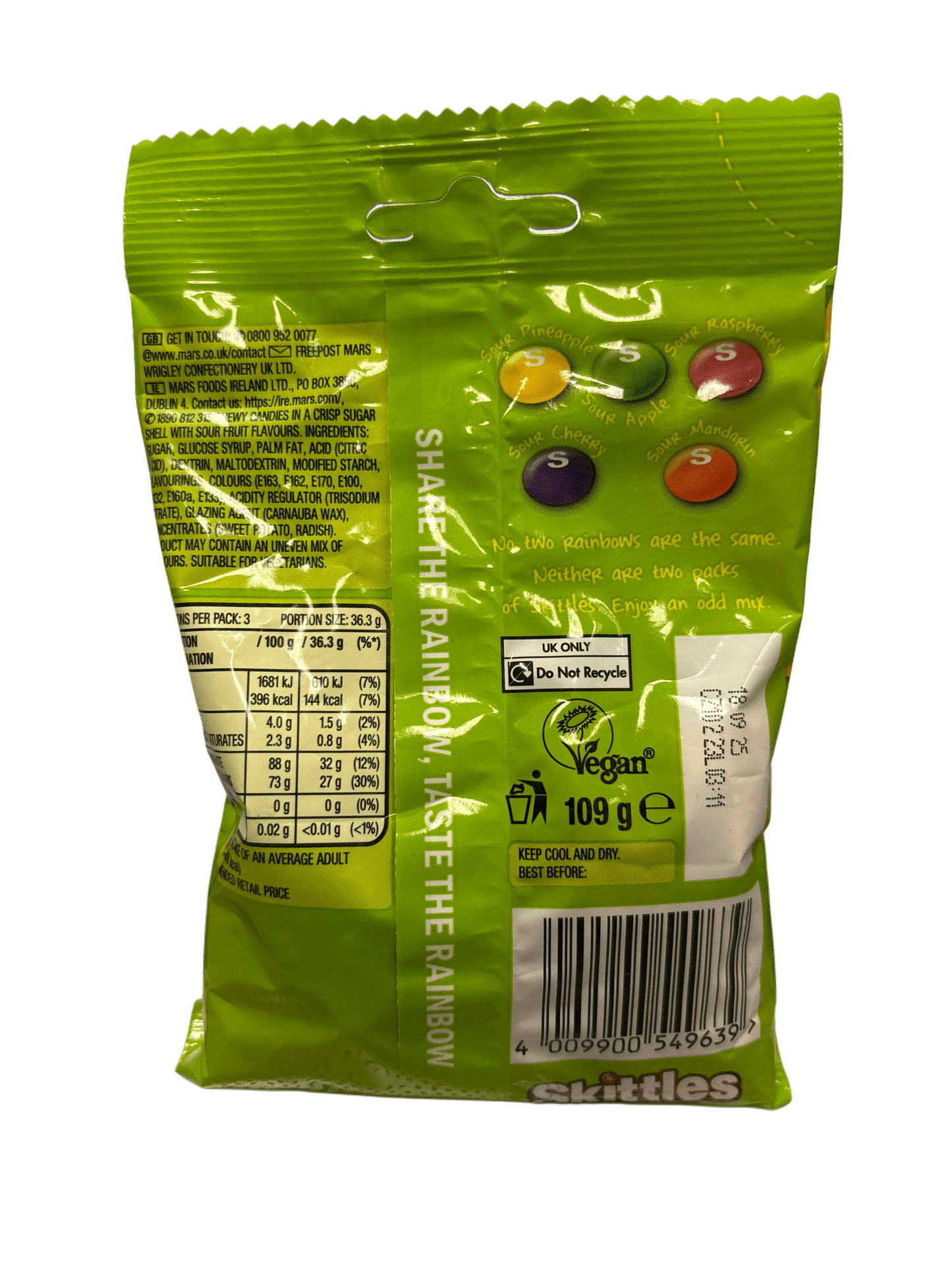 Back of Skittles exotic sour candy bag with nutrition info and fruit flavors displayed