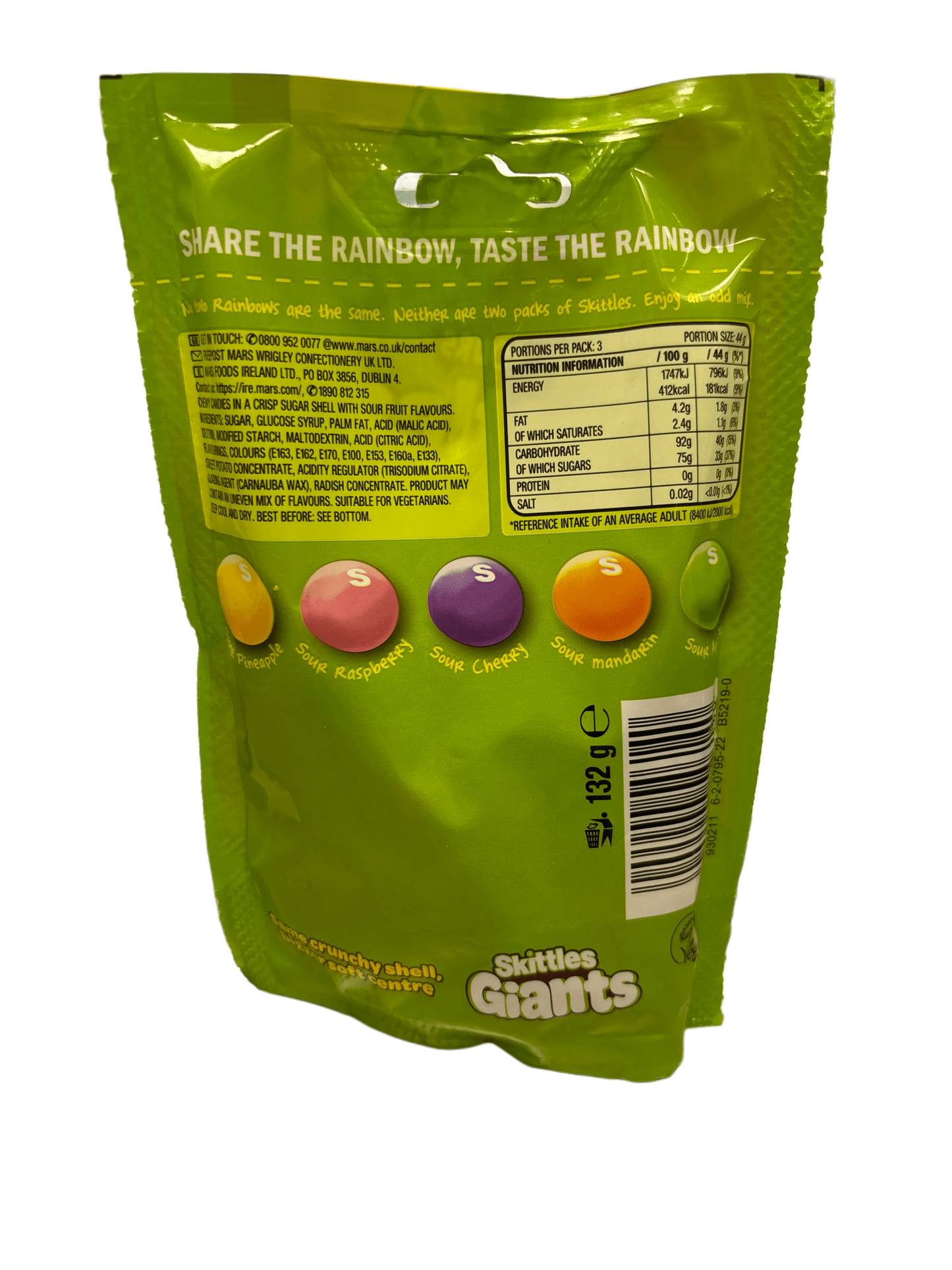 Back of Skittles Giants sour candy pack showing flavors, nutrition info, and colorful sweets