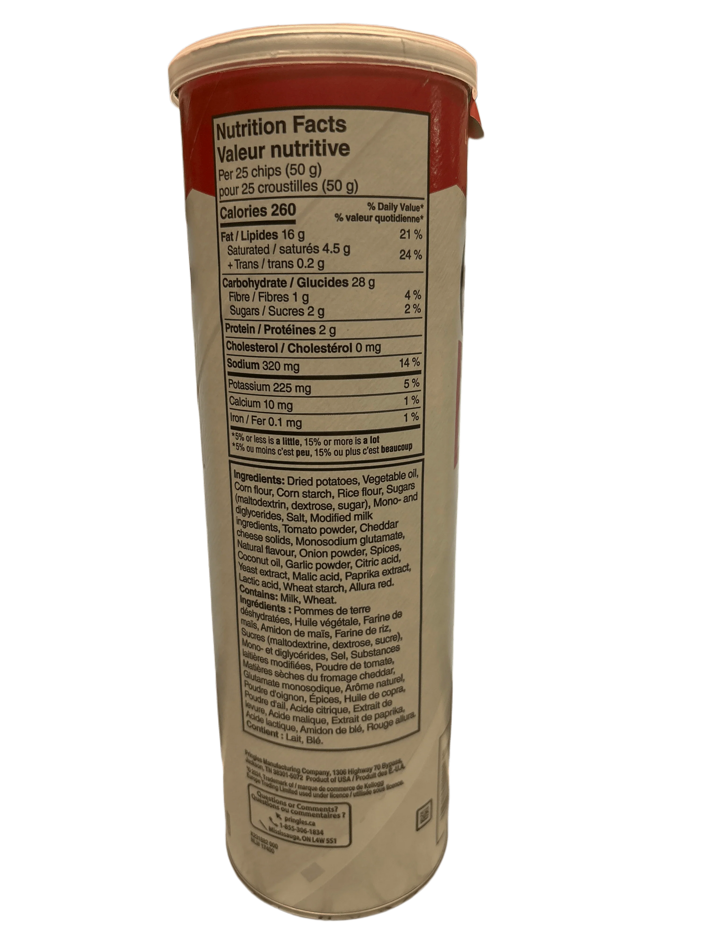 Close-up of chips can with nutrition facts and ingredients label, imported snack product