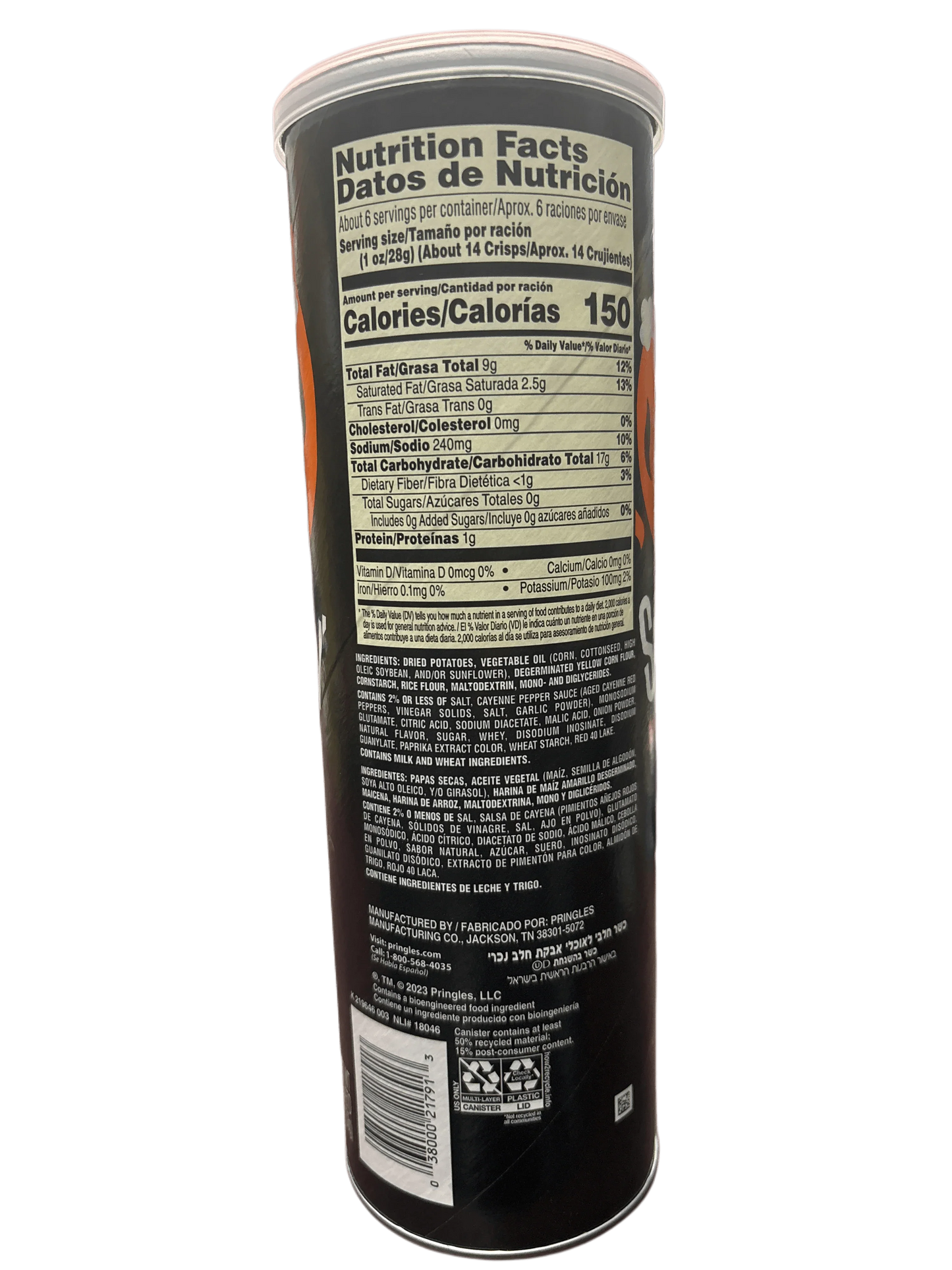 Back of a Pringles can showing nutrition facts, ingredients, and barcode on black packaging.
