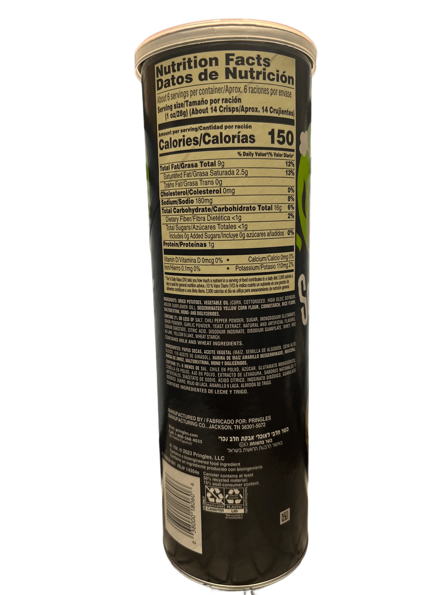 Back of a Pringles chips can with nutrition facts and ingredients in English and Spanish