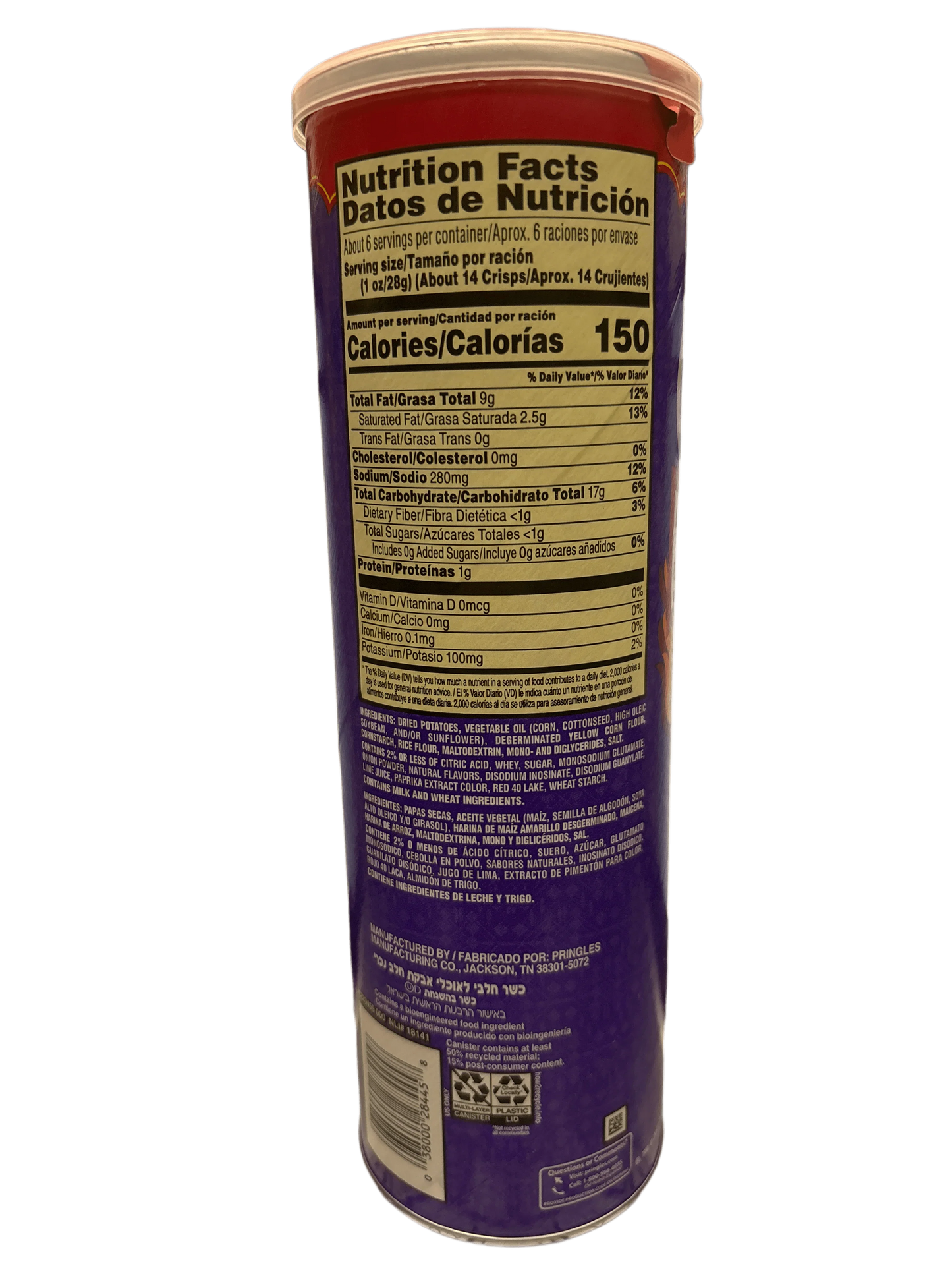 Pringles can with detailed bilingual nutrition facts, ingredients list and nutritional values