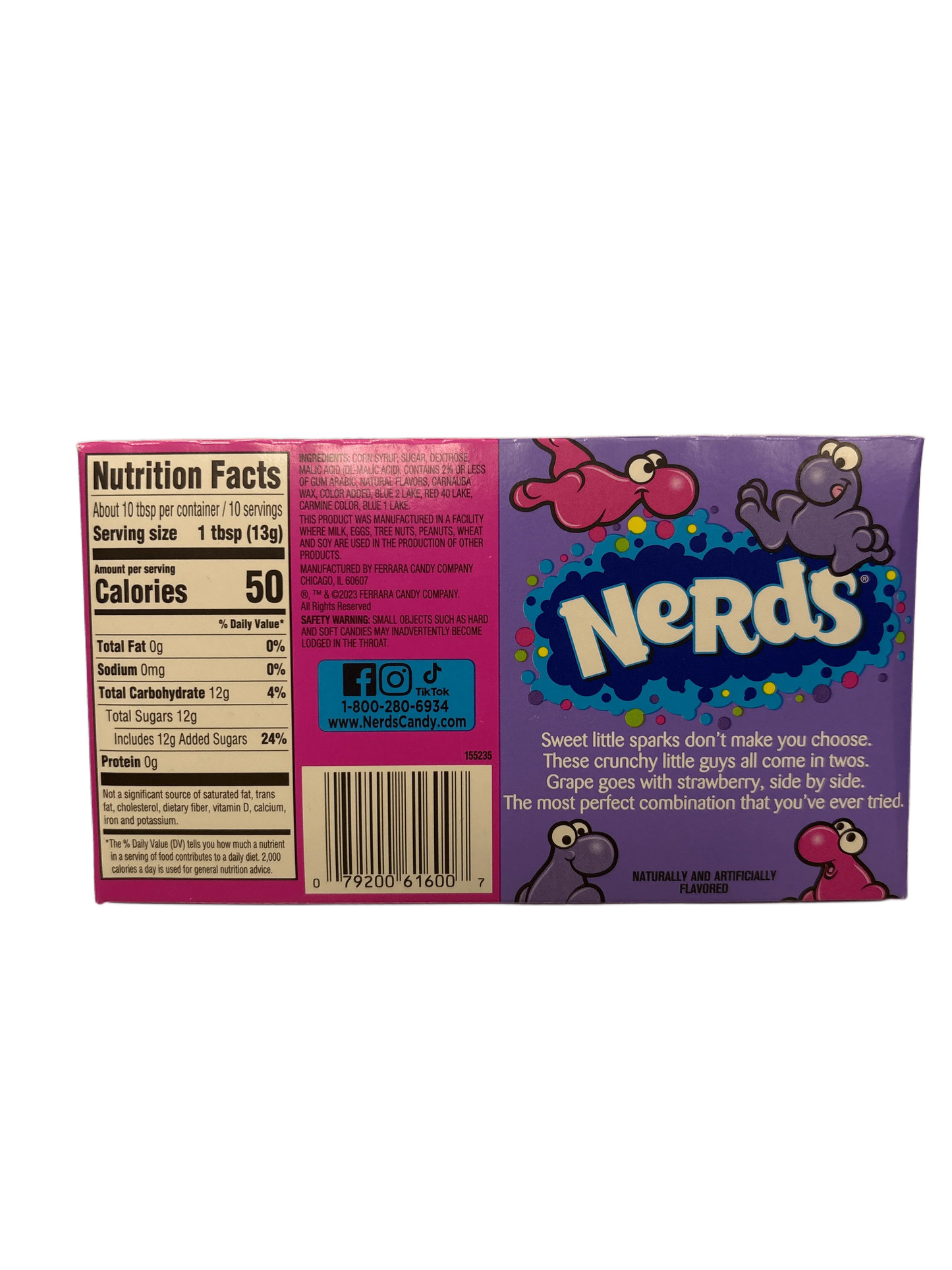 Back of Nerds candy box with nutrition facts, grape and strawberry flavors, cartoon characters.