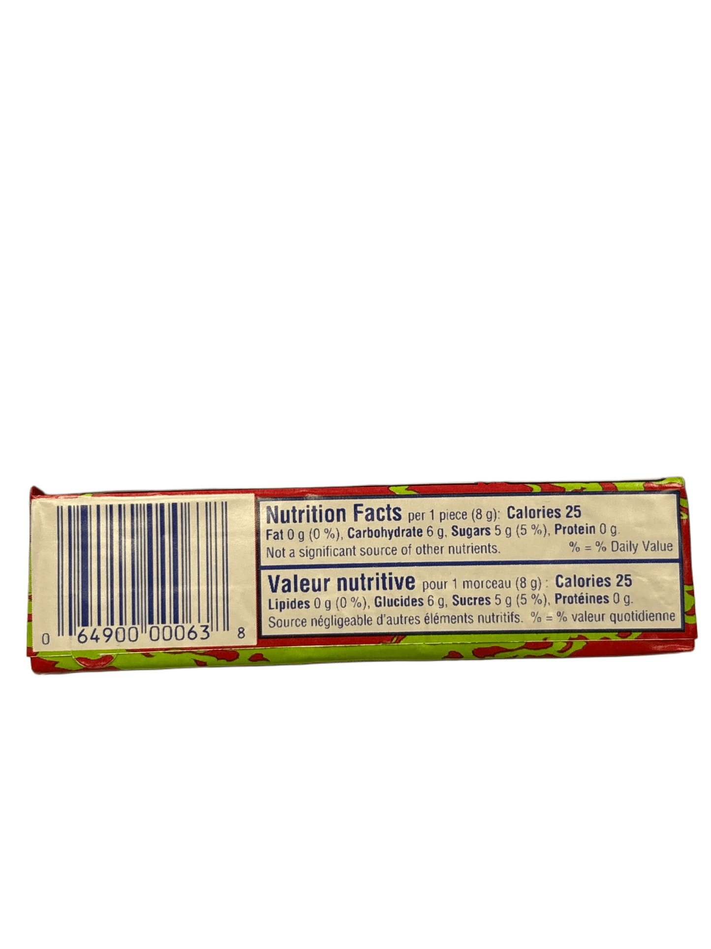 Nutrition facts and barcode on exotic candy packaging with vibrant red and green design