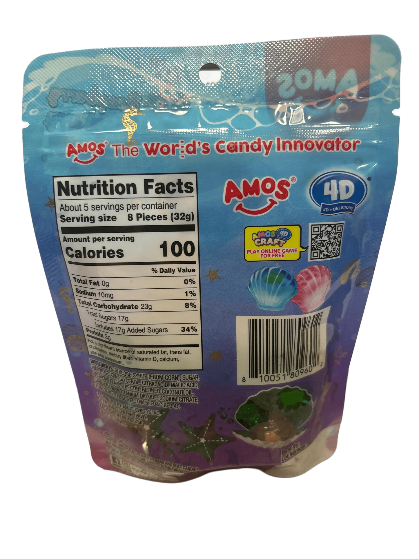 Back of Amos 4D gummy candy package with nutrition facts and colorful sea shell designs