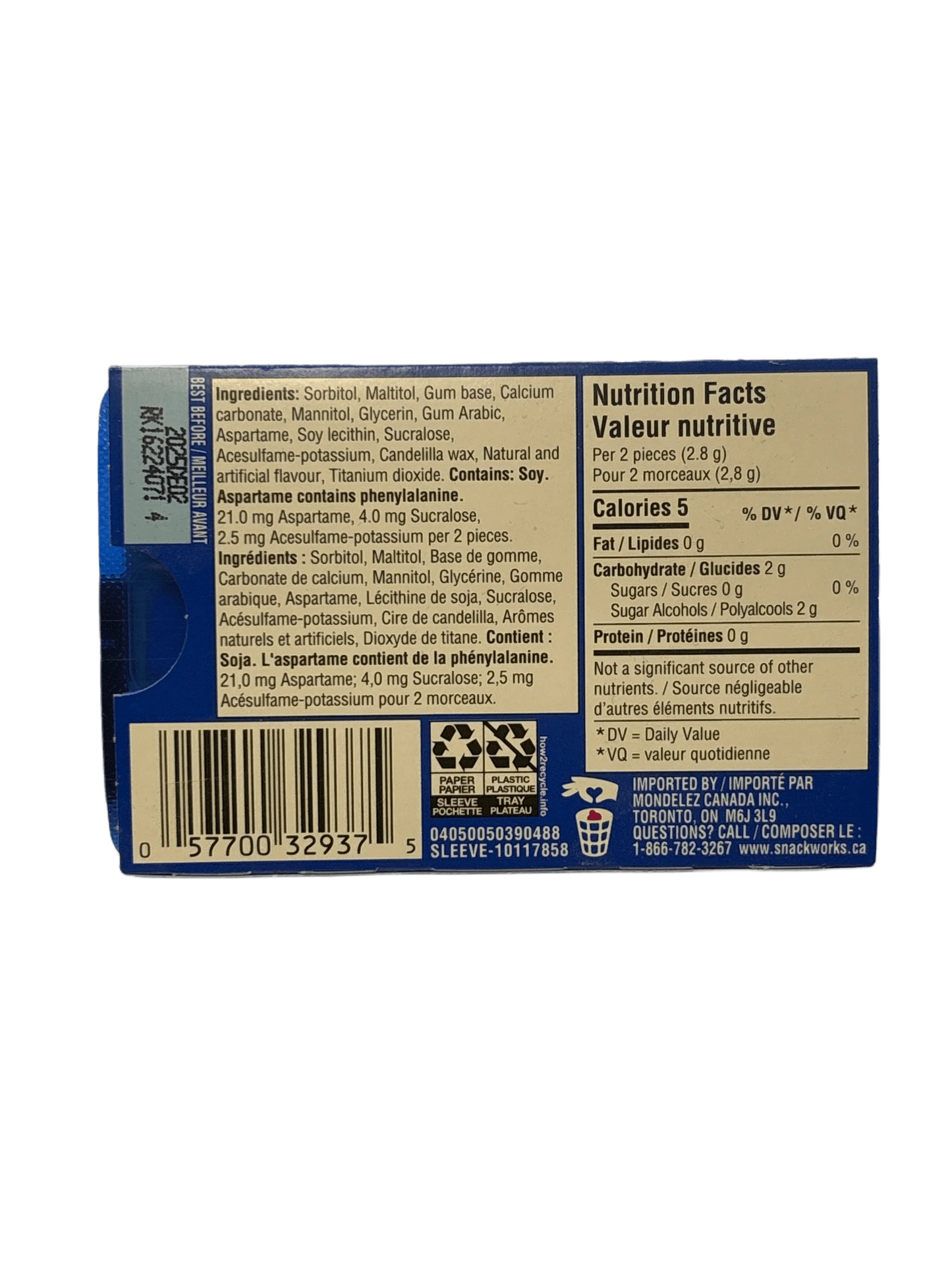 Back of candy box with ingredients, nutrition facts, barcode, and recycling info