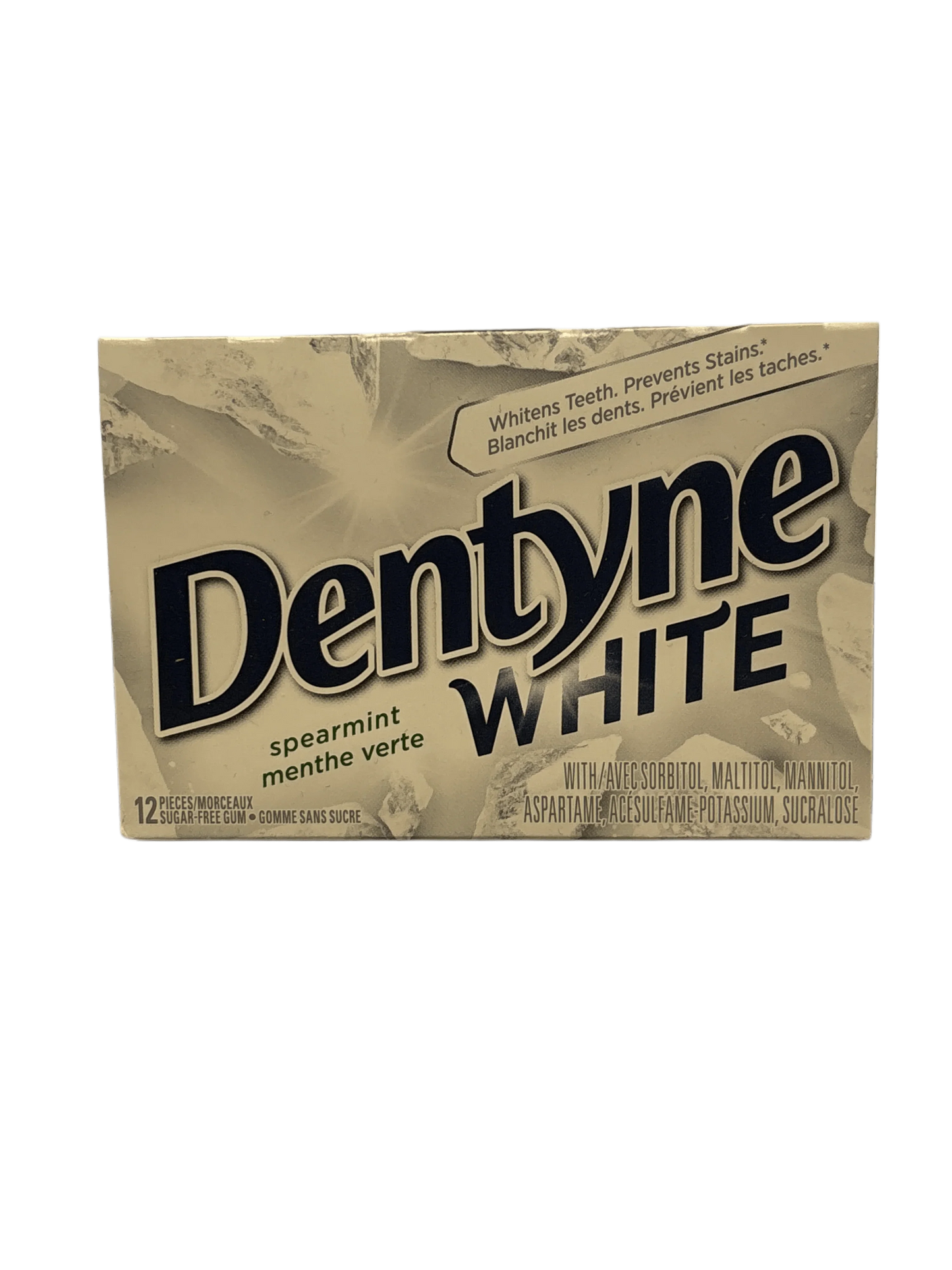 Dentyne White spearmint sugar-free gum 12-pack, imported mint candy on black background