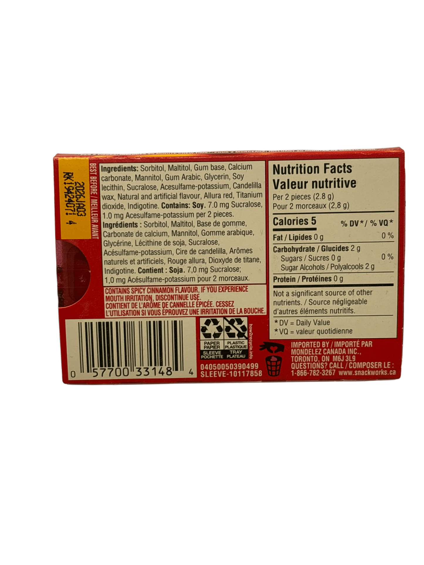 Back of exotic spicy cinnamon candy box showing ingredients, nutrition facts, and barcode