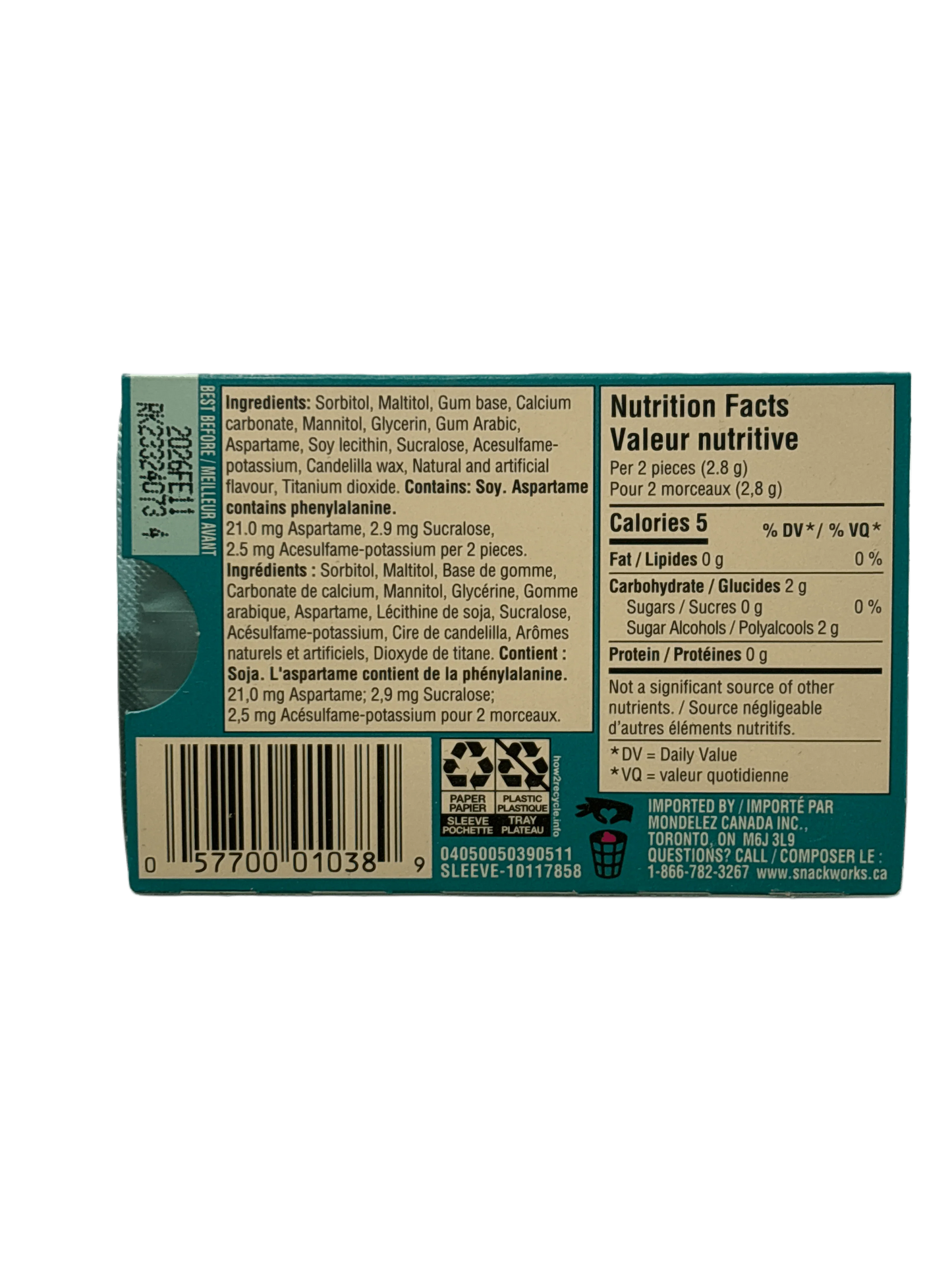 Back of imported candy package showing nutrition facts, ingredients, and barcode.