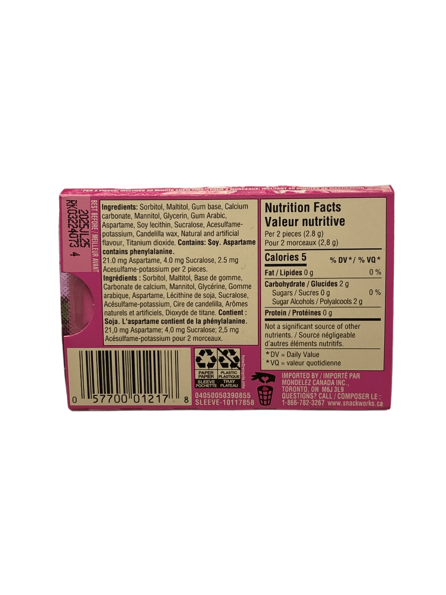Back of exotic snack packaging showing ingredients, nutrition facts, and barcode.