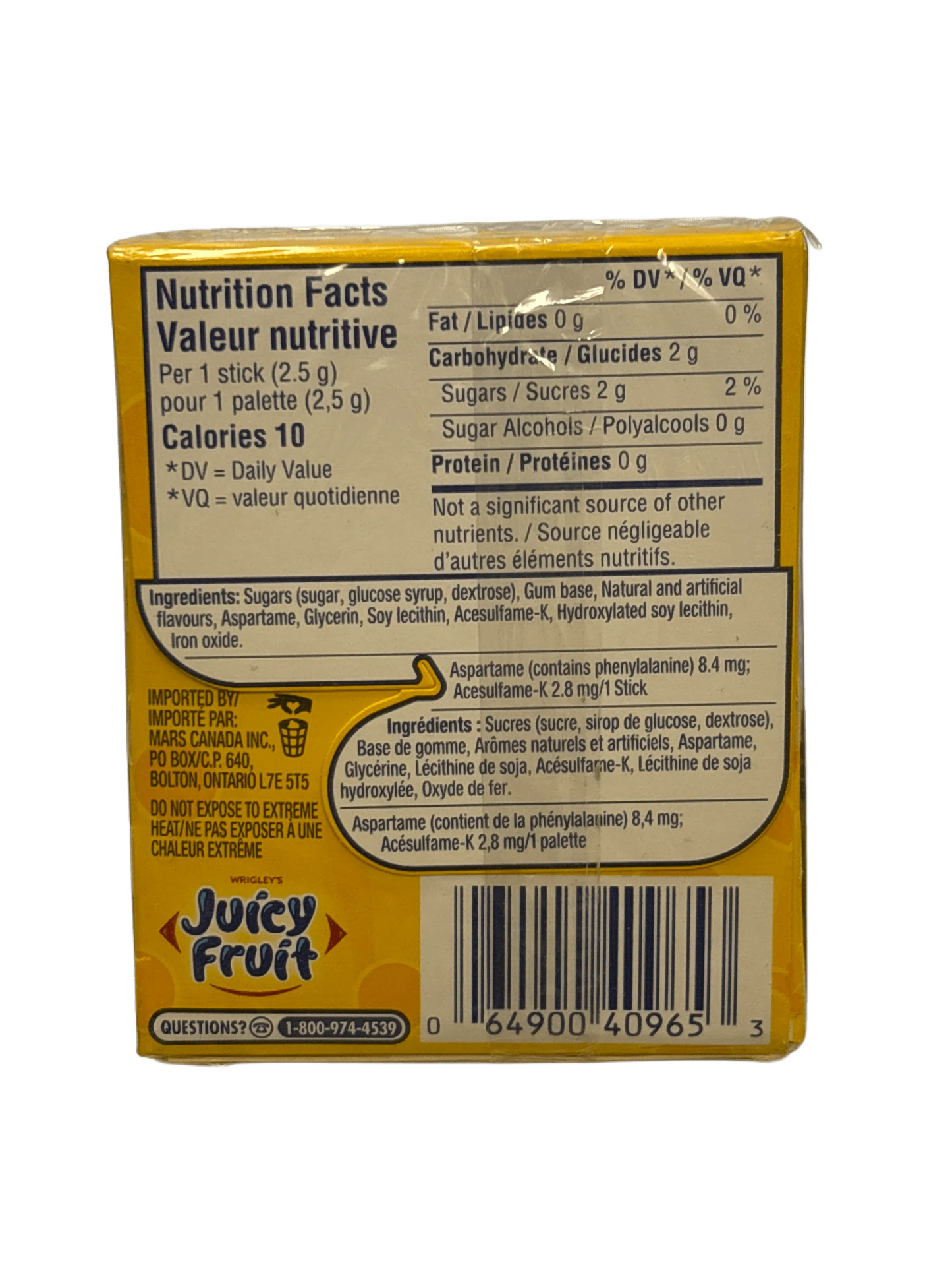 Back of Juicy Fruit gum pack showing nutrition facts, ingredients, and barcode