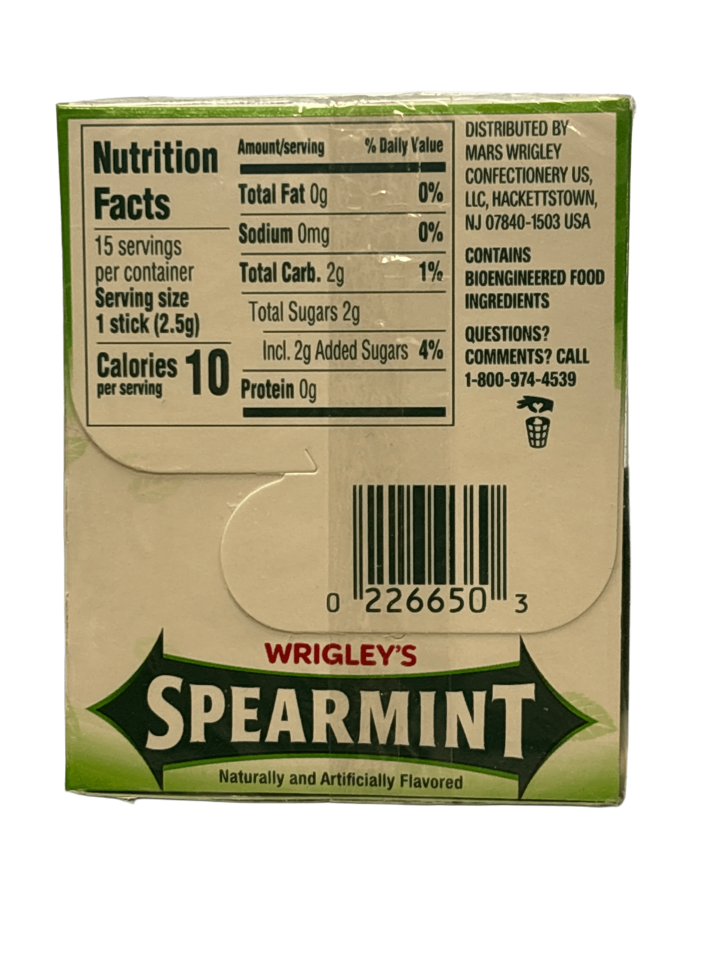 Back of Wrigley's Spearmint gum pack showing nutrition facts, ingredients, and barcode