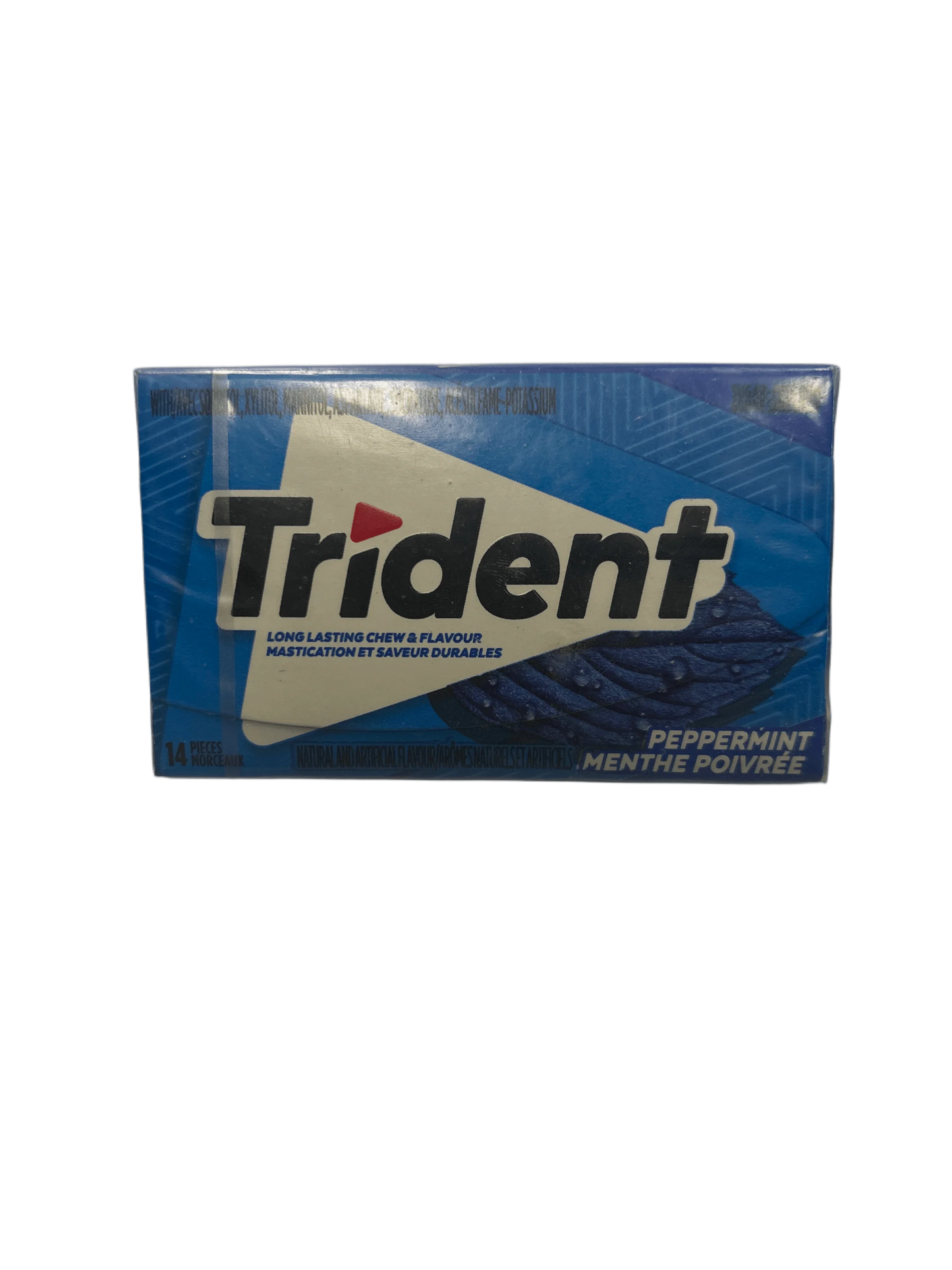 Trident Peppermint chewing gum pack, blue wrapper, 14 pieces, imported candy snack.