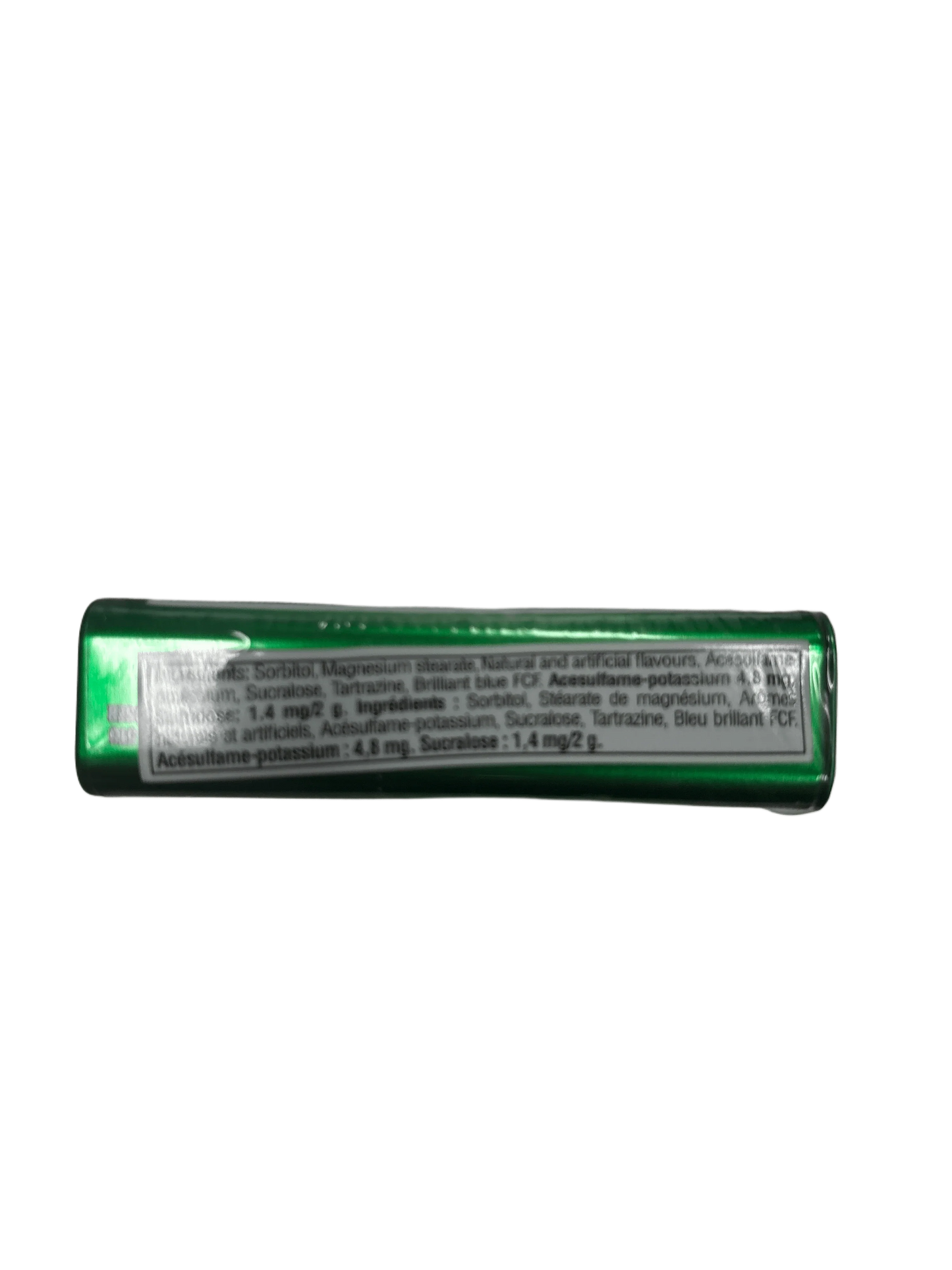 Close-up of green snack packaging ingredient label for imported exotic candy
