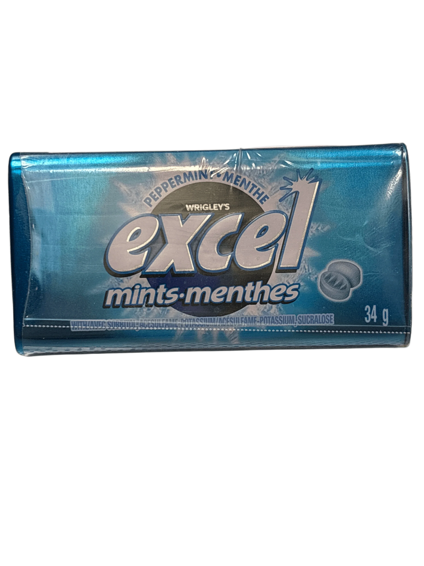 Pack of Wrigley's Excel peppermint mints, blue imported candy, 34g.