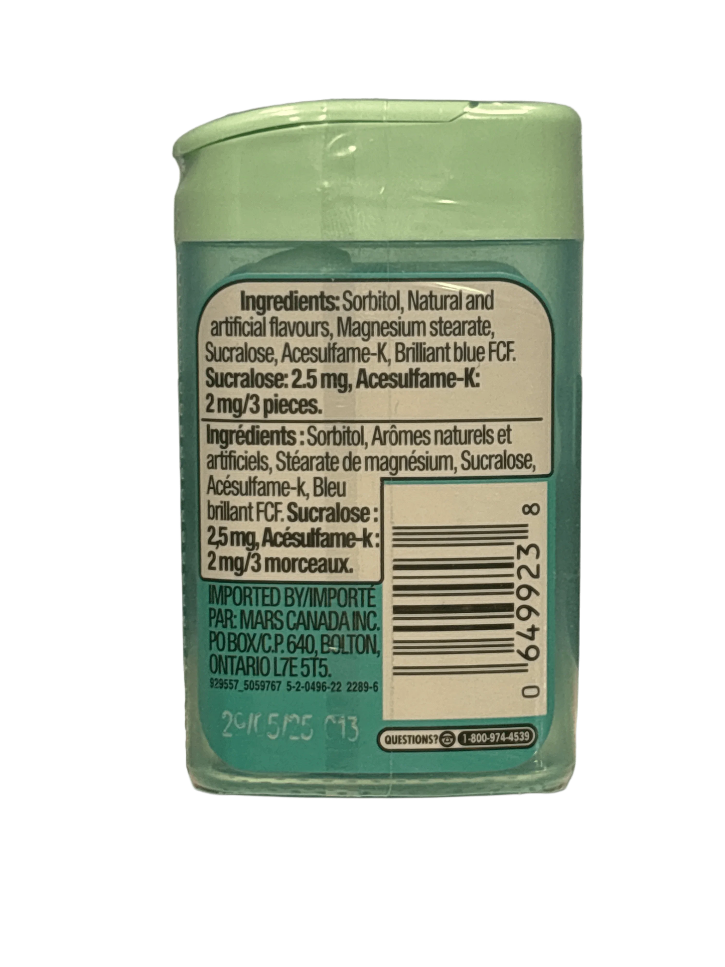 Back of a mint candy container with English and French ingredients label and barcode.