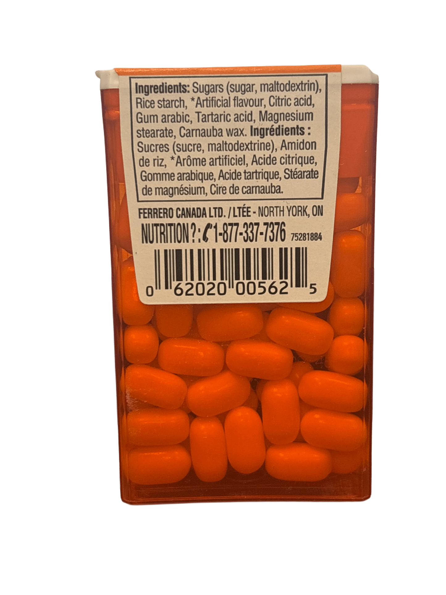 Box of bright orange candy coated mints with ingredients label, exotic snack import