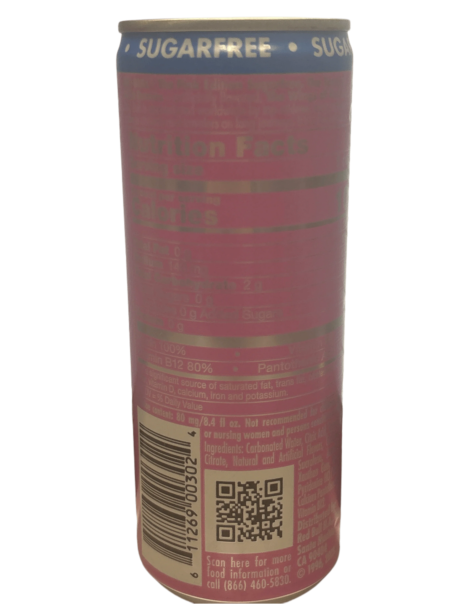 Sugar free exotic canned drink with nutrition facts, barcode, and QR code visible on label