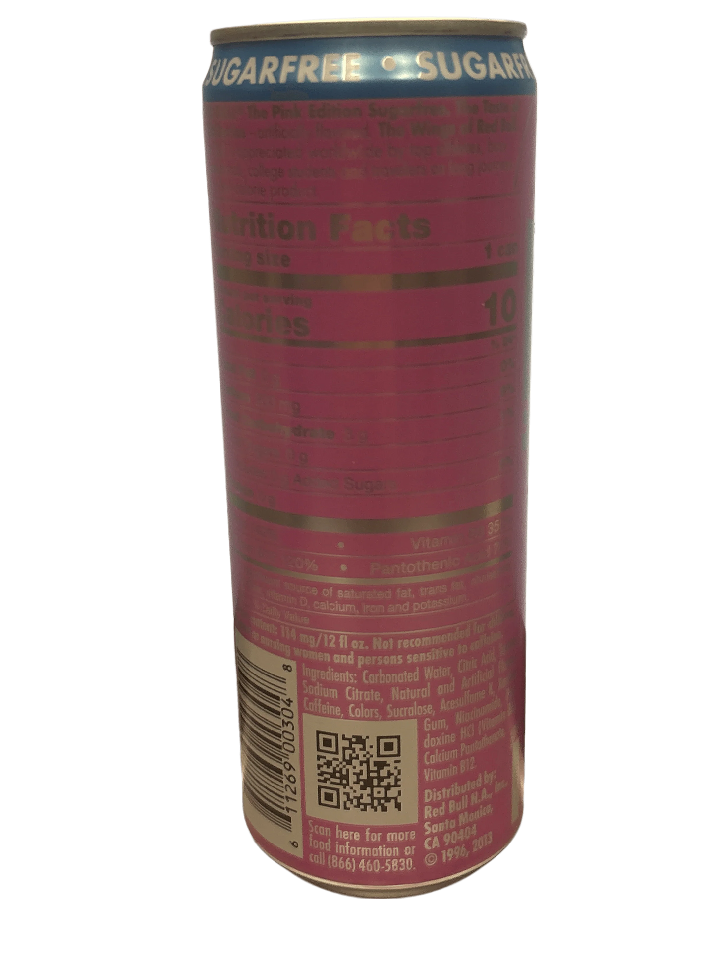 Sugar-free pink energy drink can with nutrition facts and QR code, exotic imported beverage