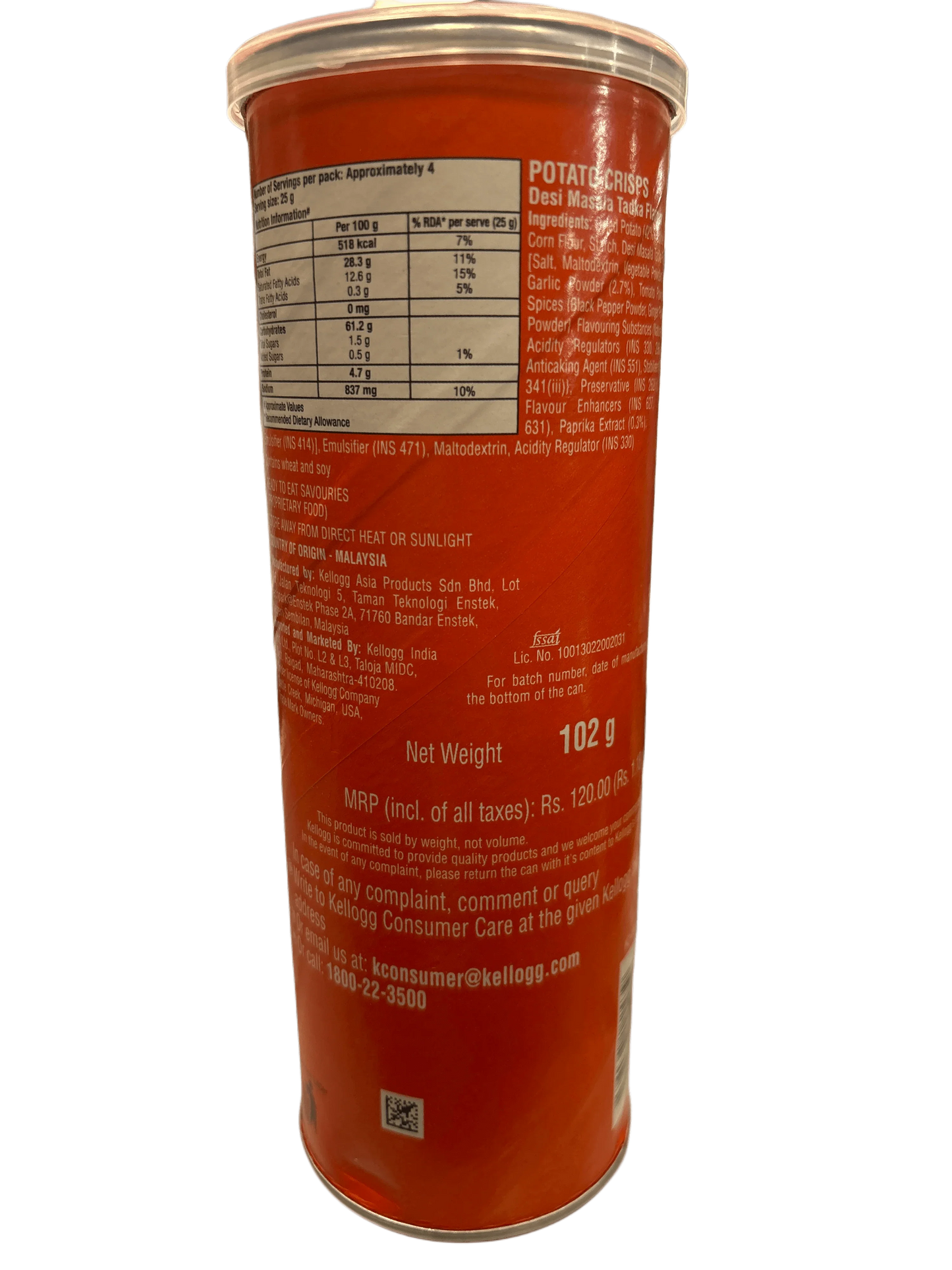Red can of potato crisps with nutritional info and ingredients label, world snack product