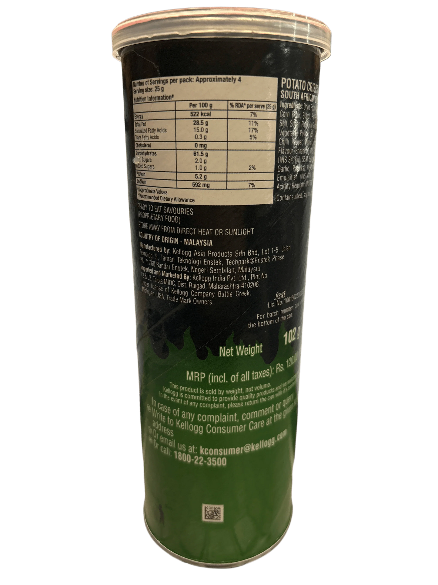 Back of potato crisps can with nutrition facts, ingredients, and product details visible
