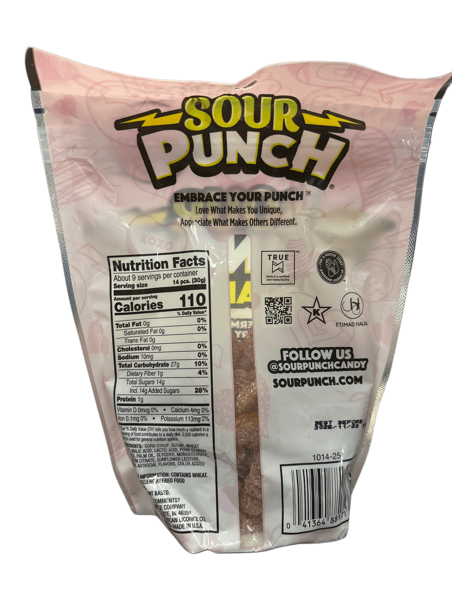 Back of Sour Punch candy bag showing nutrition facts, ingredients, and social media details.
