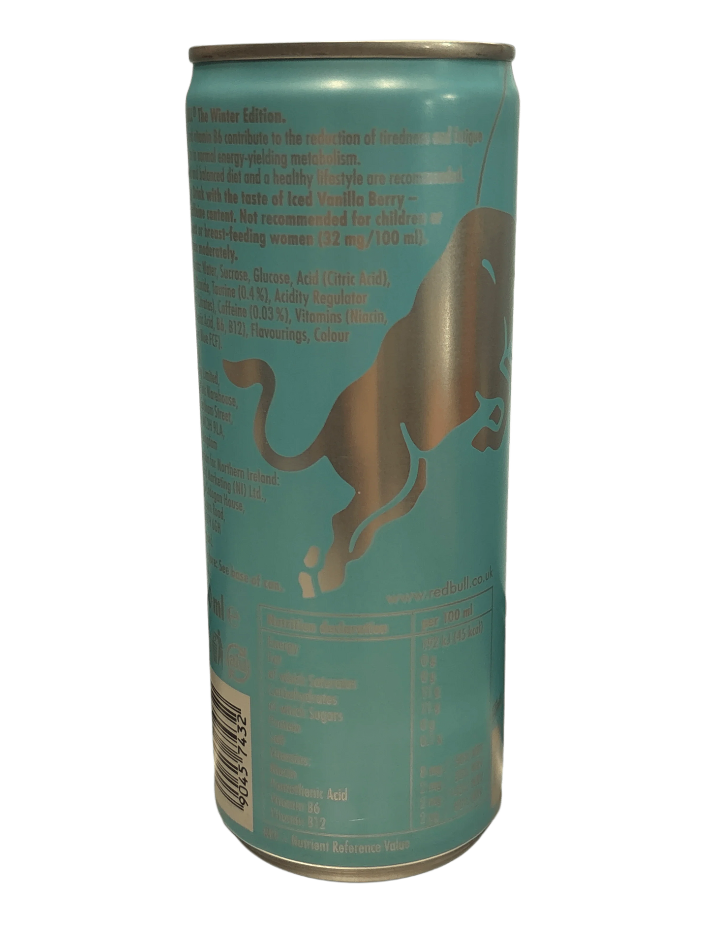 Blue energy drink can with silver bull graphic and nutrition facts, exotic snack beverage.