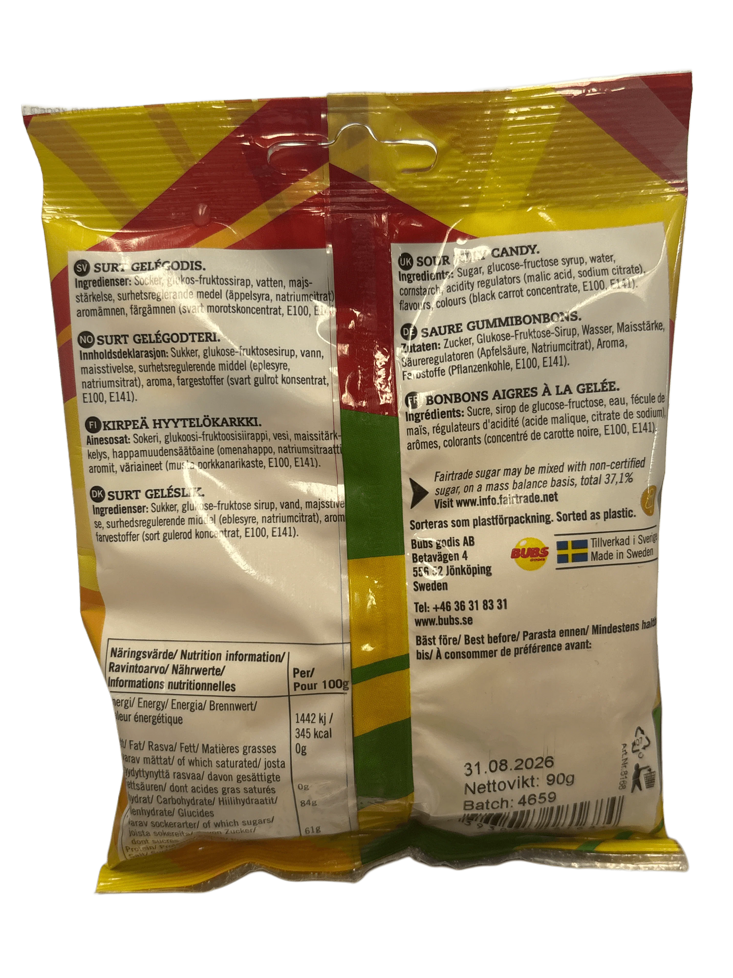 Back of sour gummy candy package with nutrition facts and ingredients label