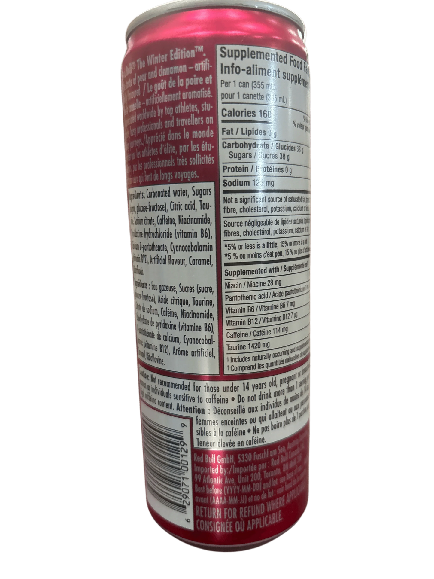 Red energy drink can with detailed nutrition facts, ingredients, and supplement info label visible