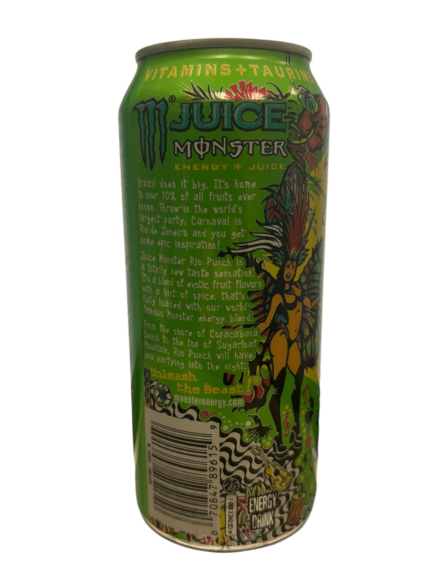 Monster Juice Rio Punch energy drink can with vibrant Brazilian Carnival artwork and text