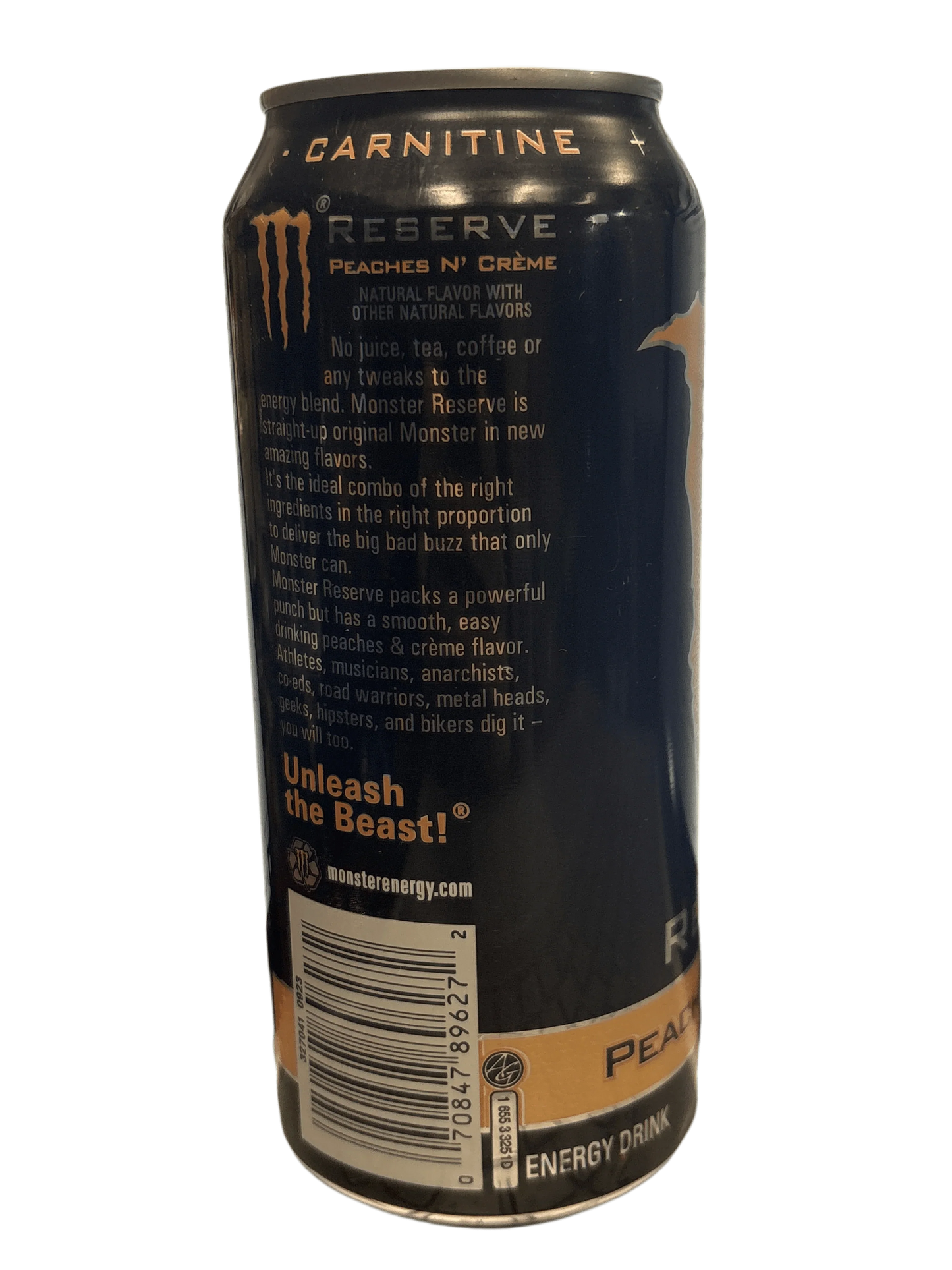 Monster Reserve Peaches N' Crème energy drink can with black and gold label