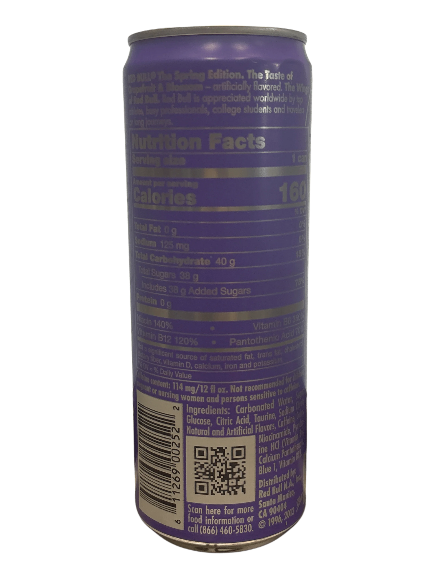 Back view of a purple energy drink can showing nutrition facts and ingredients.