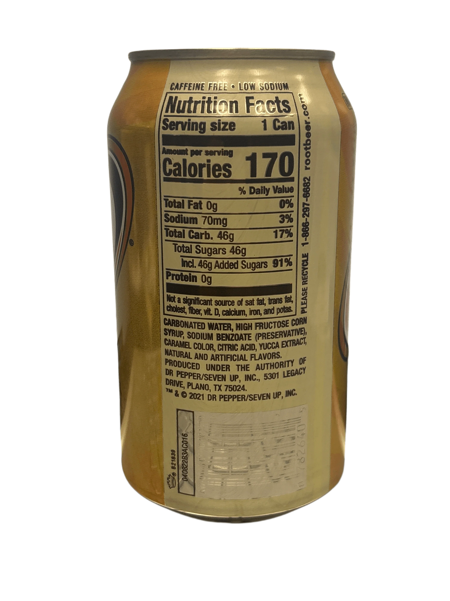 Back view of a root beer soda can with nutrition facts and ingredients label.