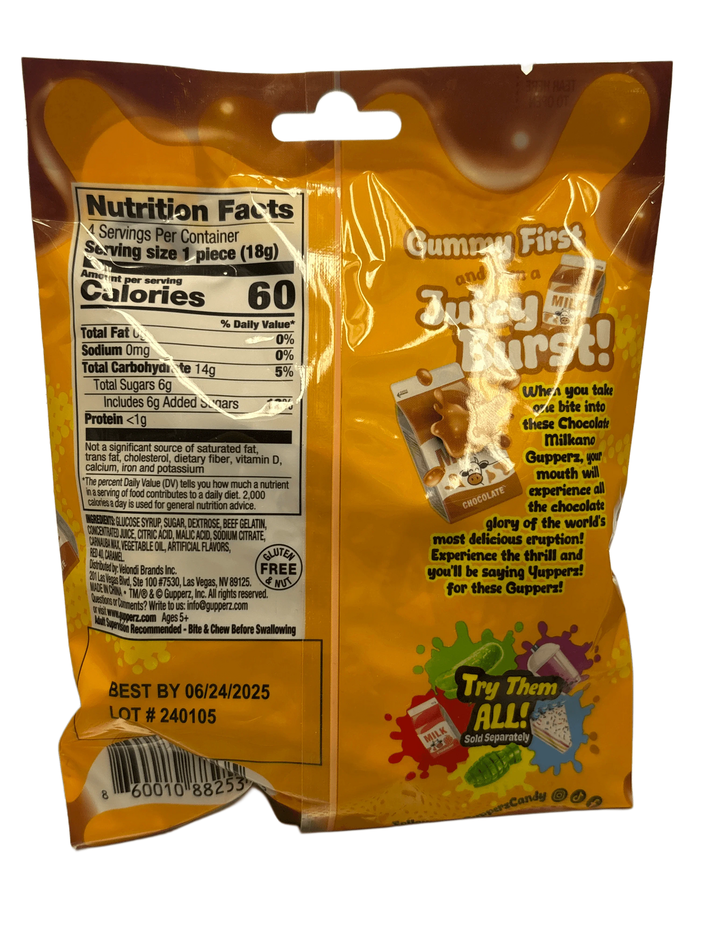 Back of chocolate gummy candy bag showing nutrition facts and product description.
