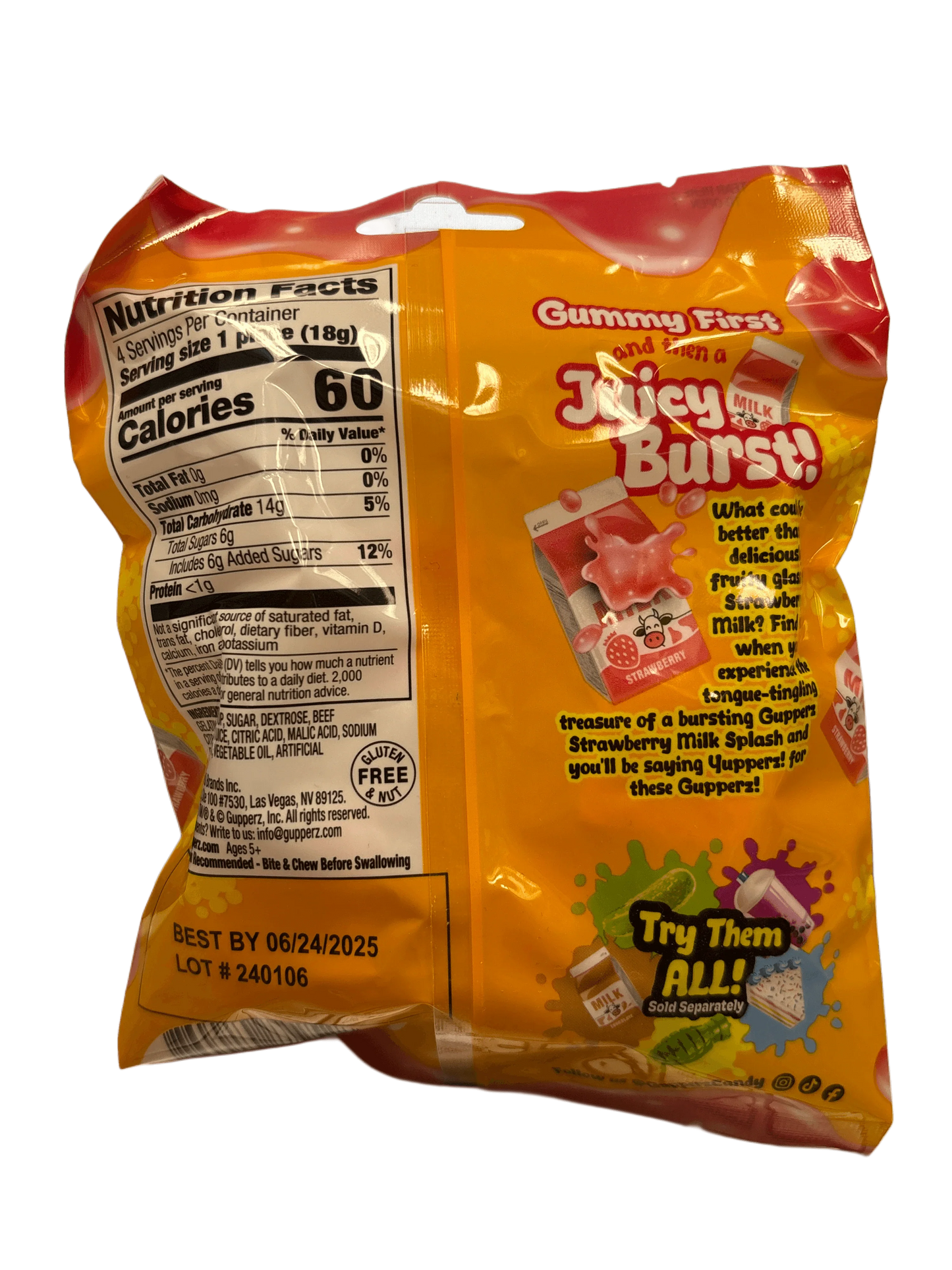 Back of strawberry milk bursting gummy candy package with nutrition facts and colorful graphics