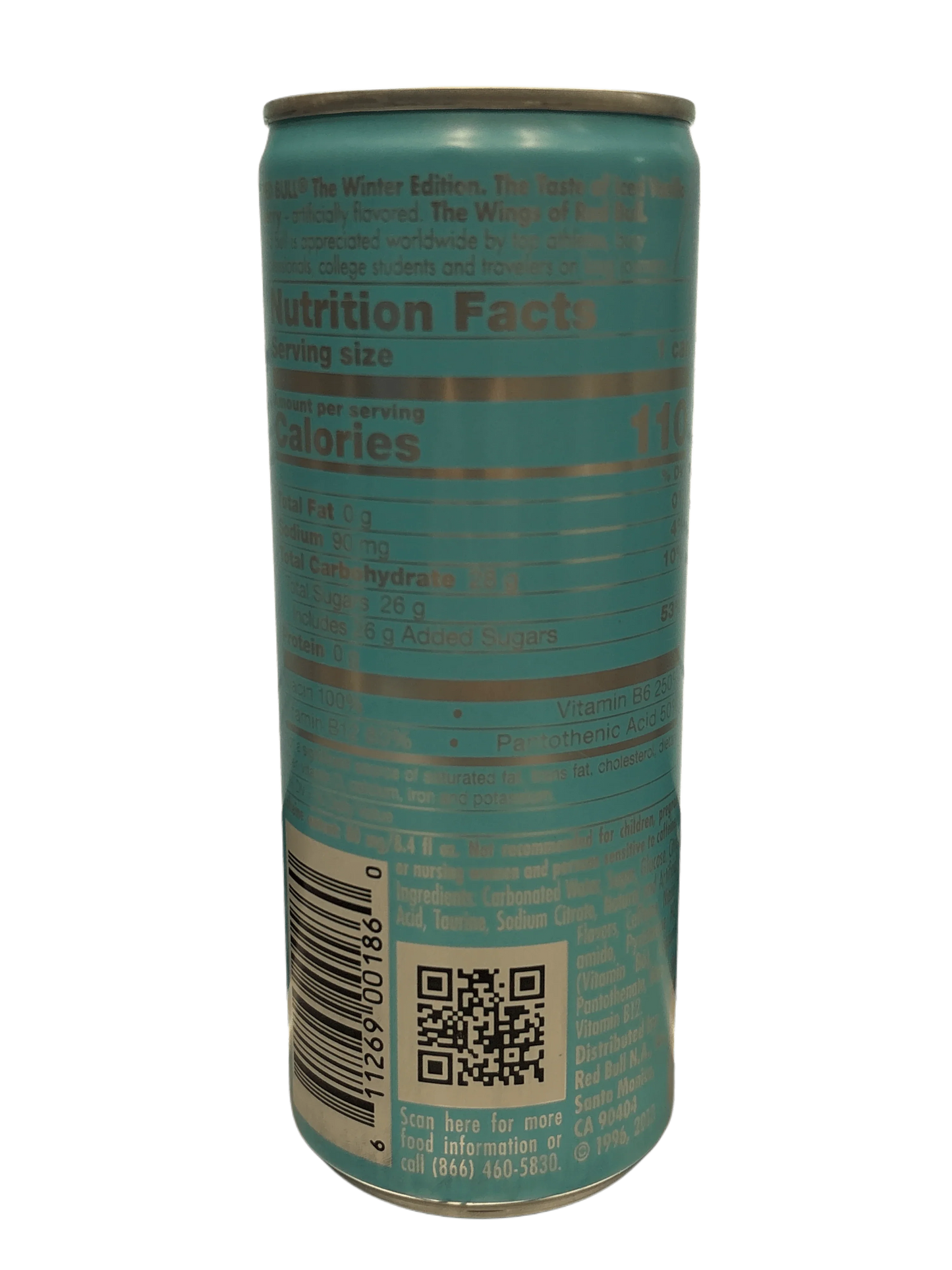 Imported exotic blue energy drink can with nutrition facts, barcode, and QR code visible