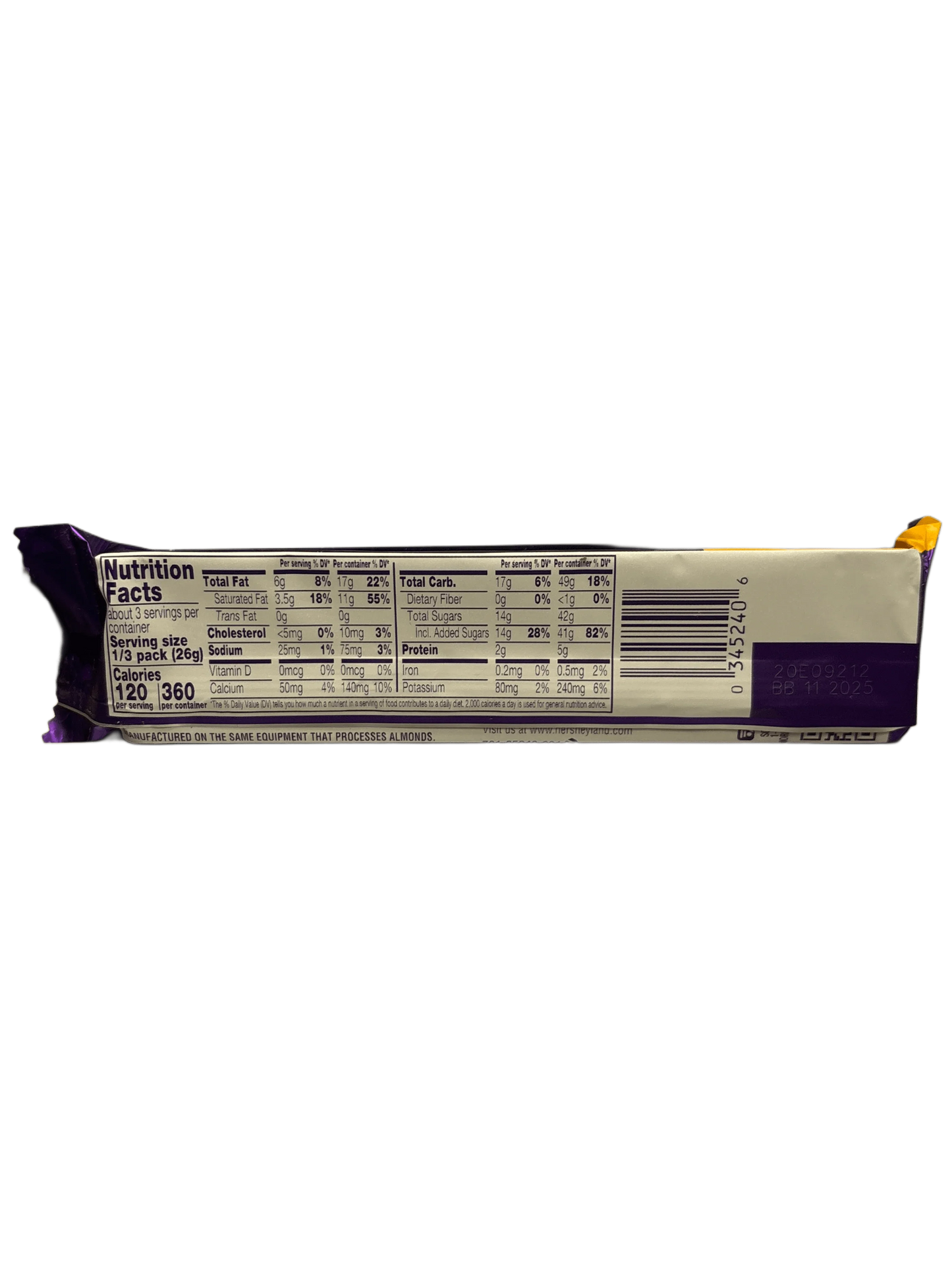 Back of exotic snack package showing nutrition facts label and barcode