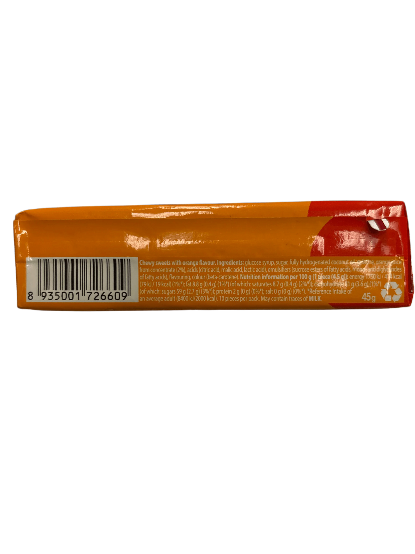 Orange exotic chewy candy bar back with barcode and ingredient details