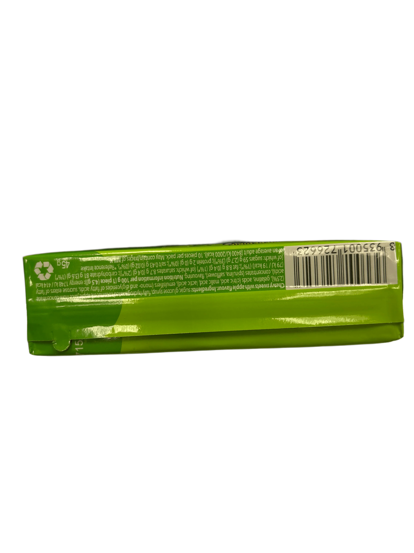 Green candy bar wrapper with barcode and product information, international snack.