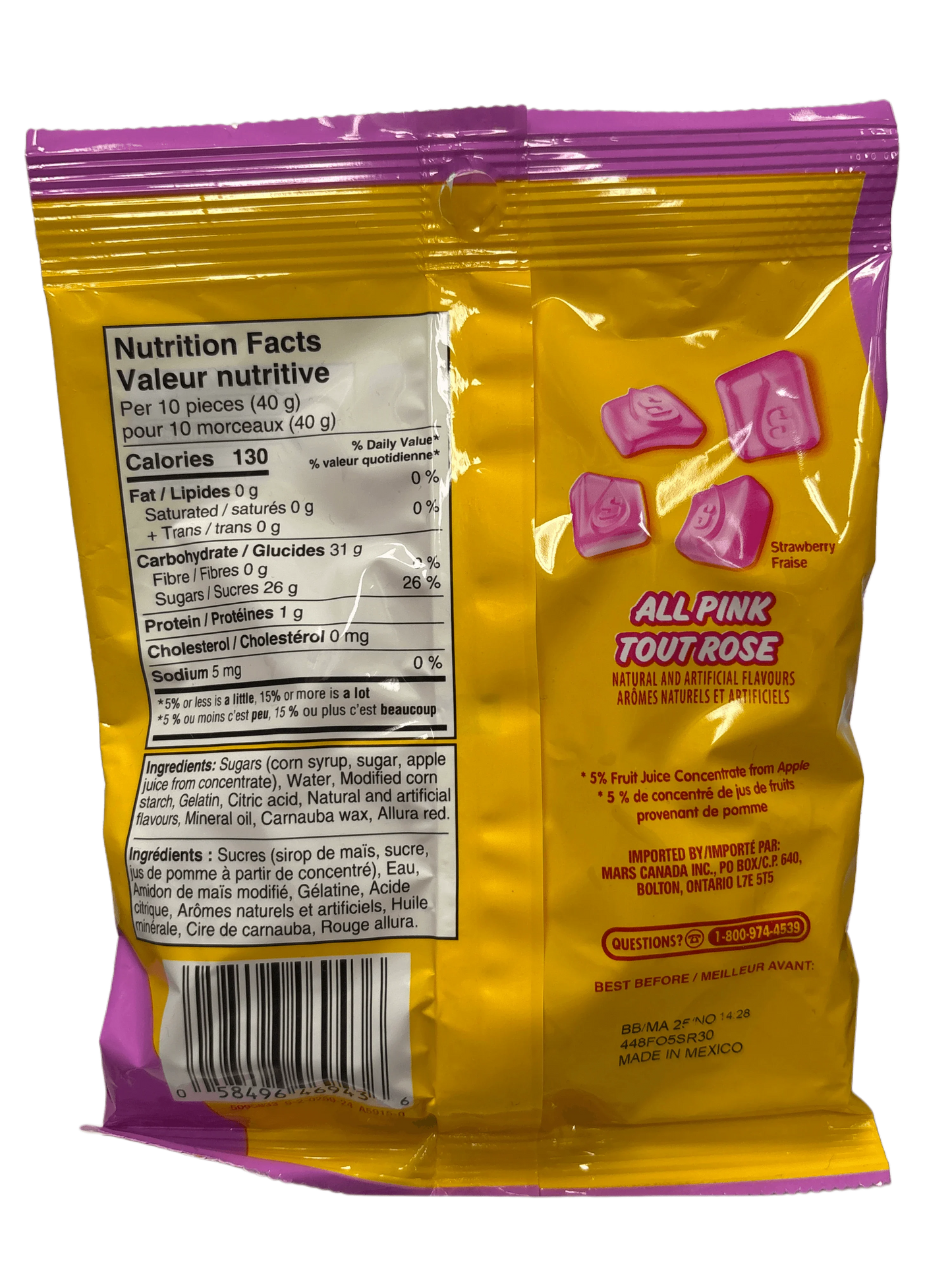 Back of All Pink strawberry candy bag showing nutrition facts and ingredients.