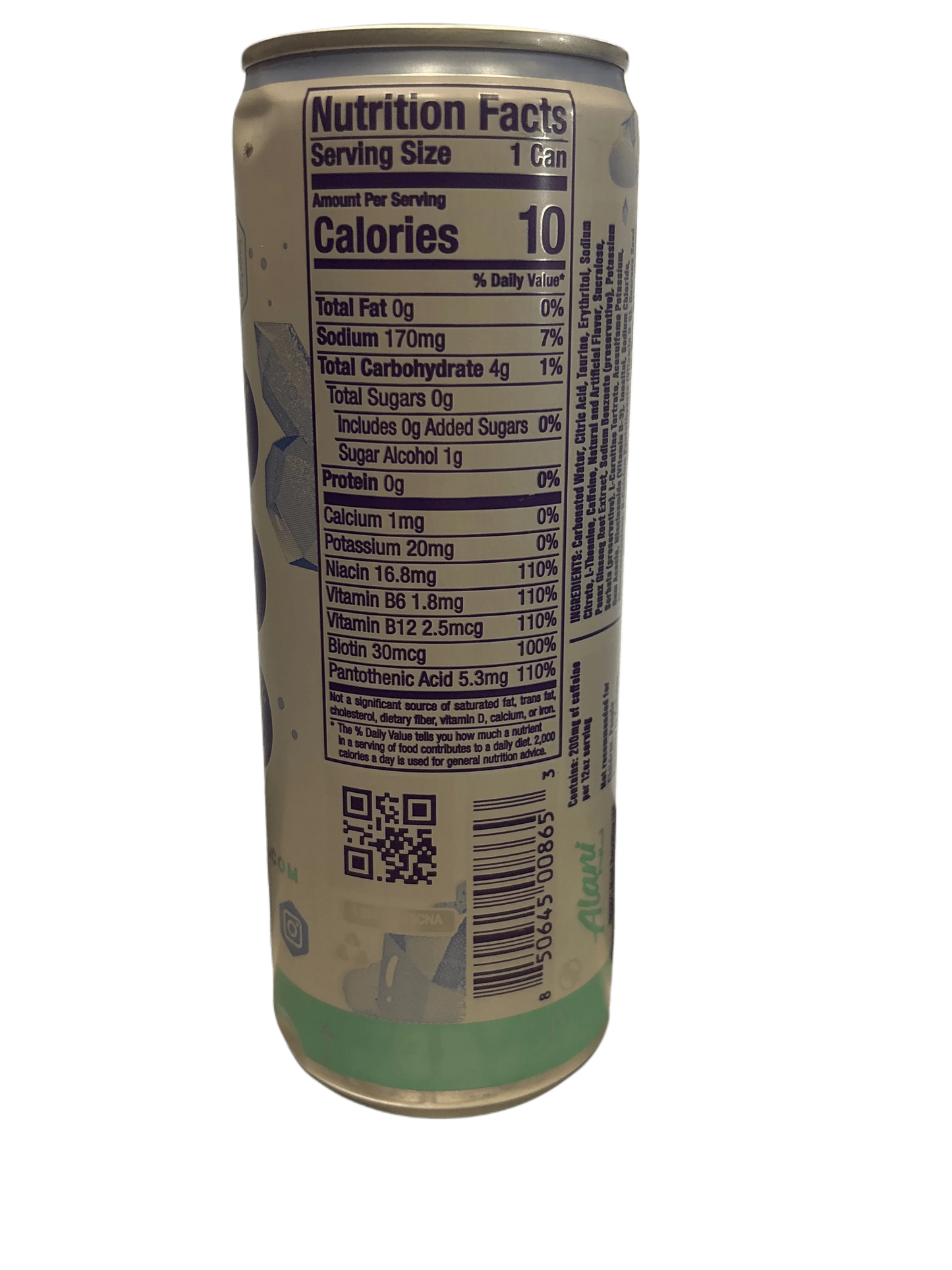 Close-up of a nutrition facts label on a canned beverage with QR code and light green design.