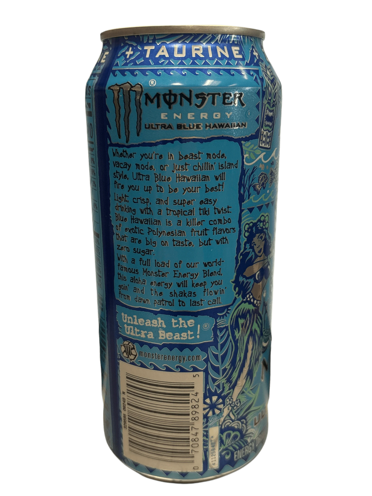 Monster Energy Ultra Blue Hawaiian imported energy drink can with tropical design