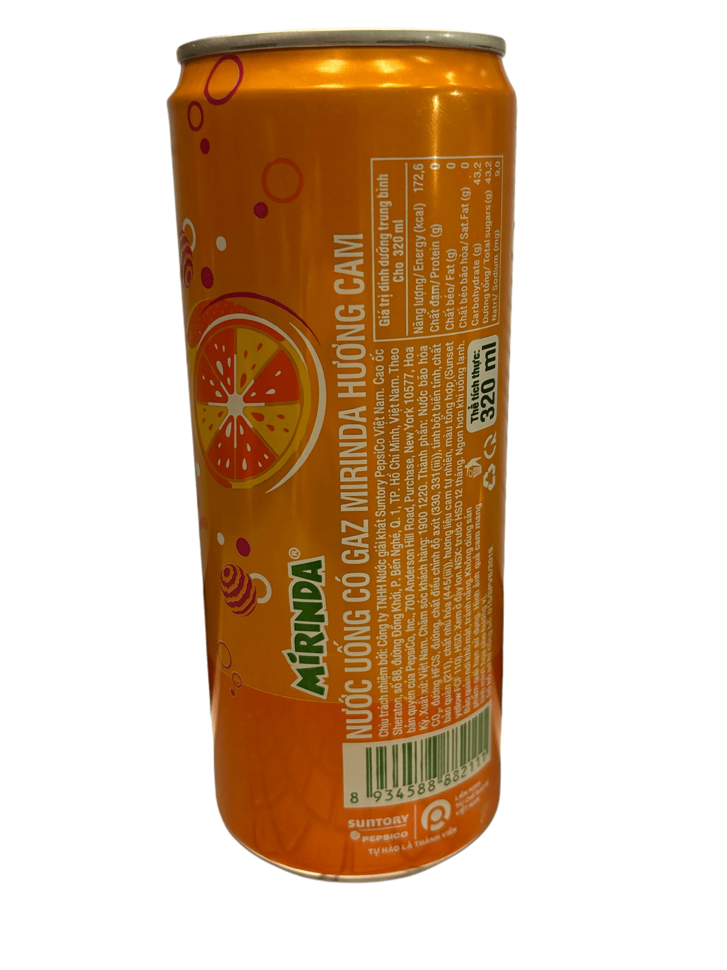 Mirinda orange soda can with Vietnamese label and orange slice graphic